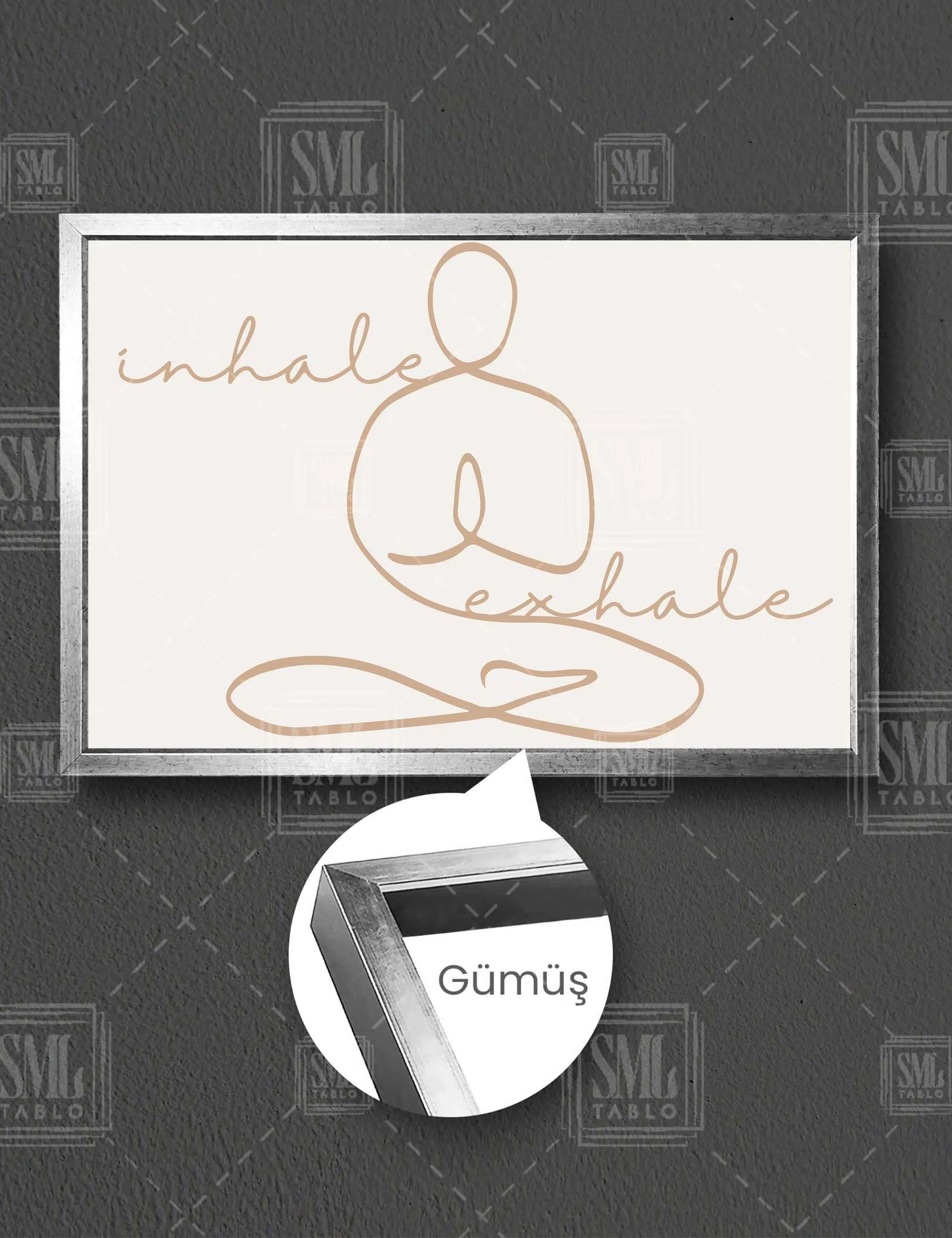 Inhale Exhale Yoga Minimal Yatay Çerçeveli Kanvas Tablo - Gümüş