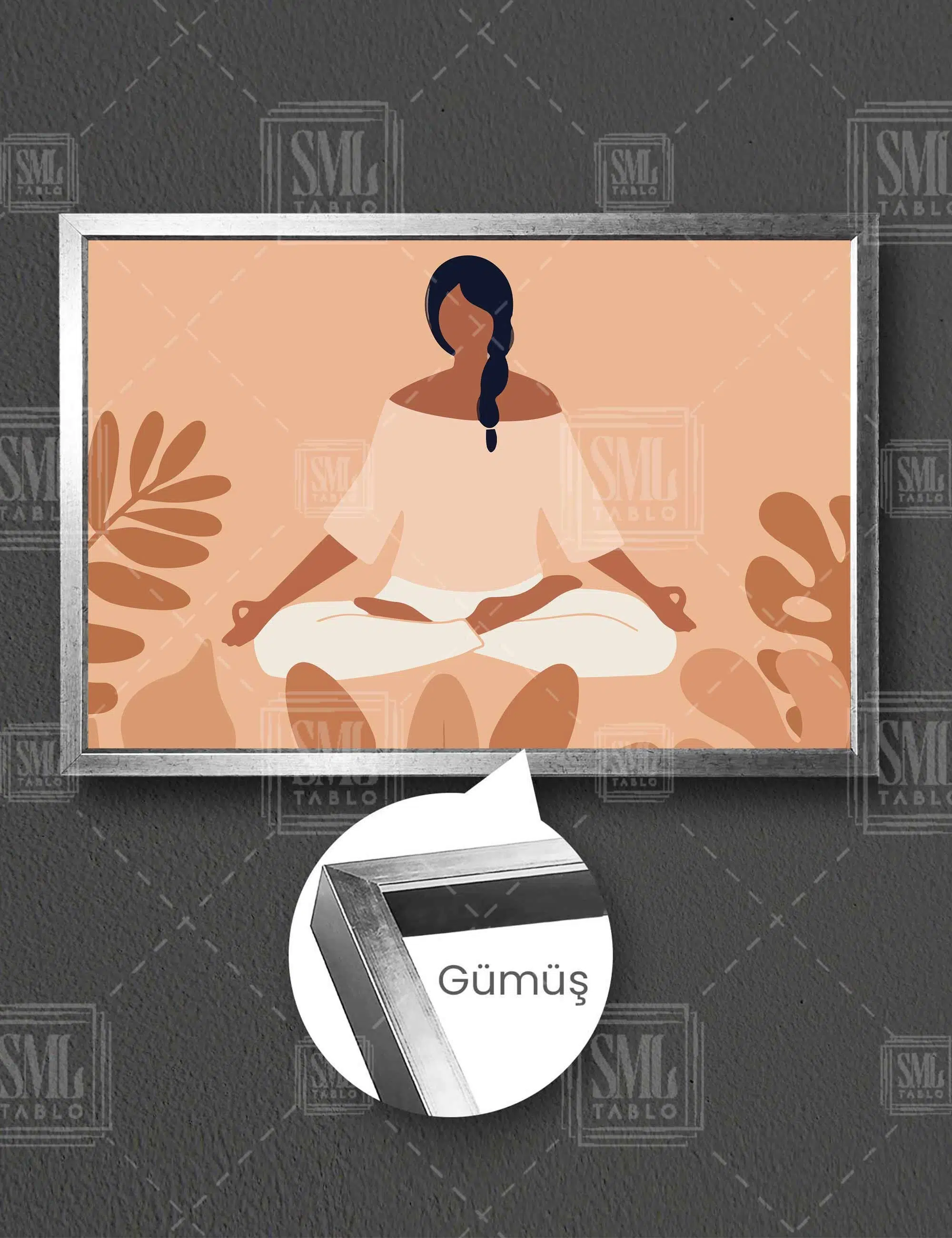 Yoga Yapan Kız Minimal Ilüstrasyon Yatay Çerçeveli Kanvas Tablo - Gümüş