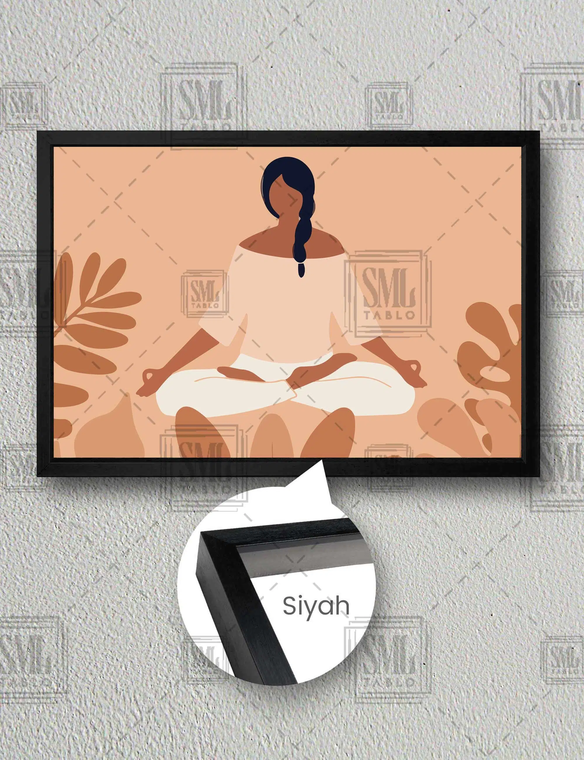 Yoga Yapan Kız Minimal Ilüstrasyon Yatay Çerçeveli Kanvas Tablo - Siyah
