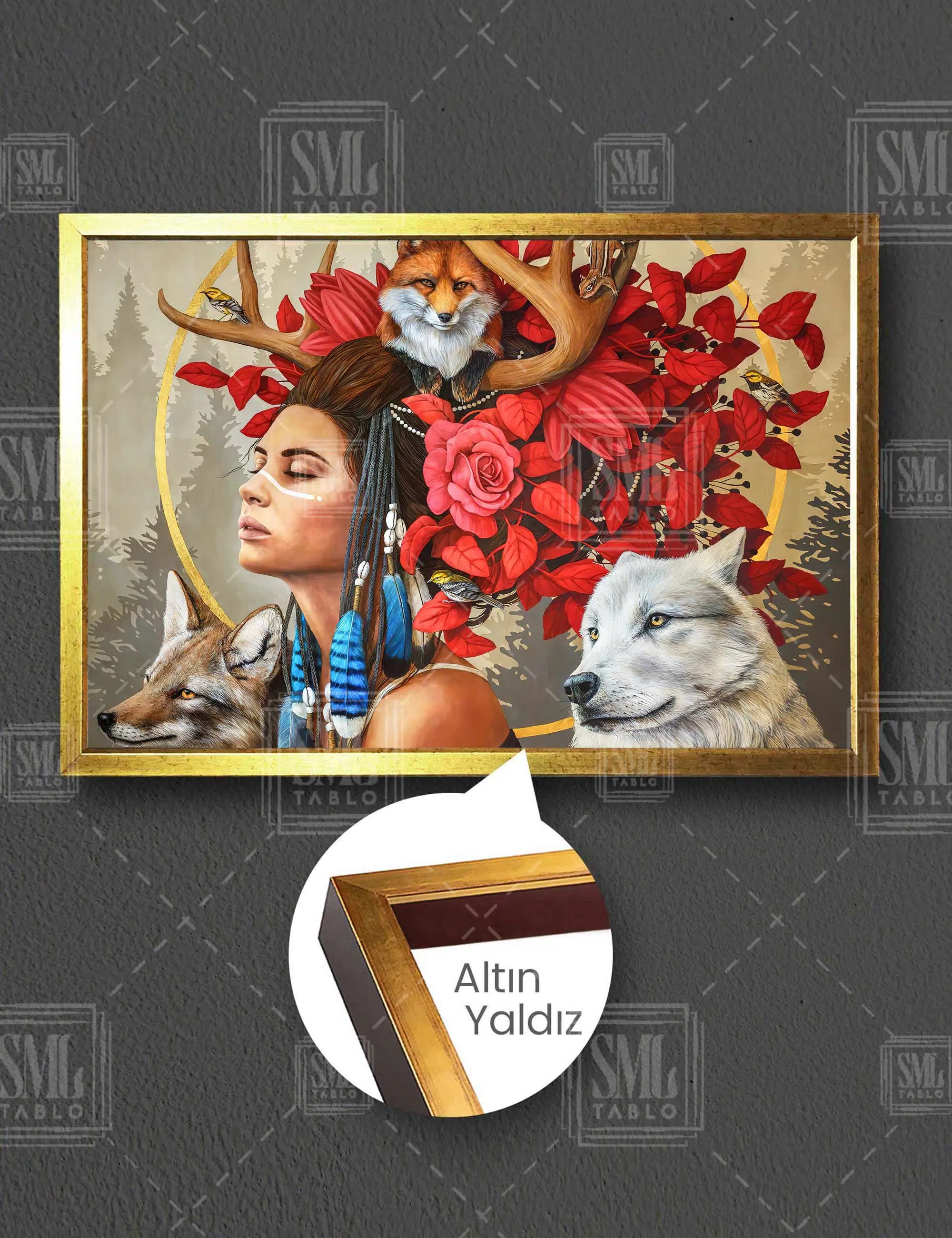 Kafası Çiçekli Hayvanlarıyla Kızılderili Yatay Çerçeveli Kanvas Tablo