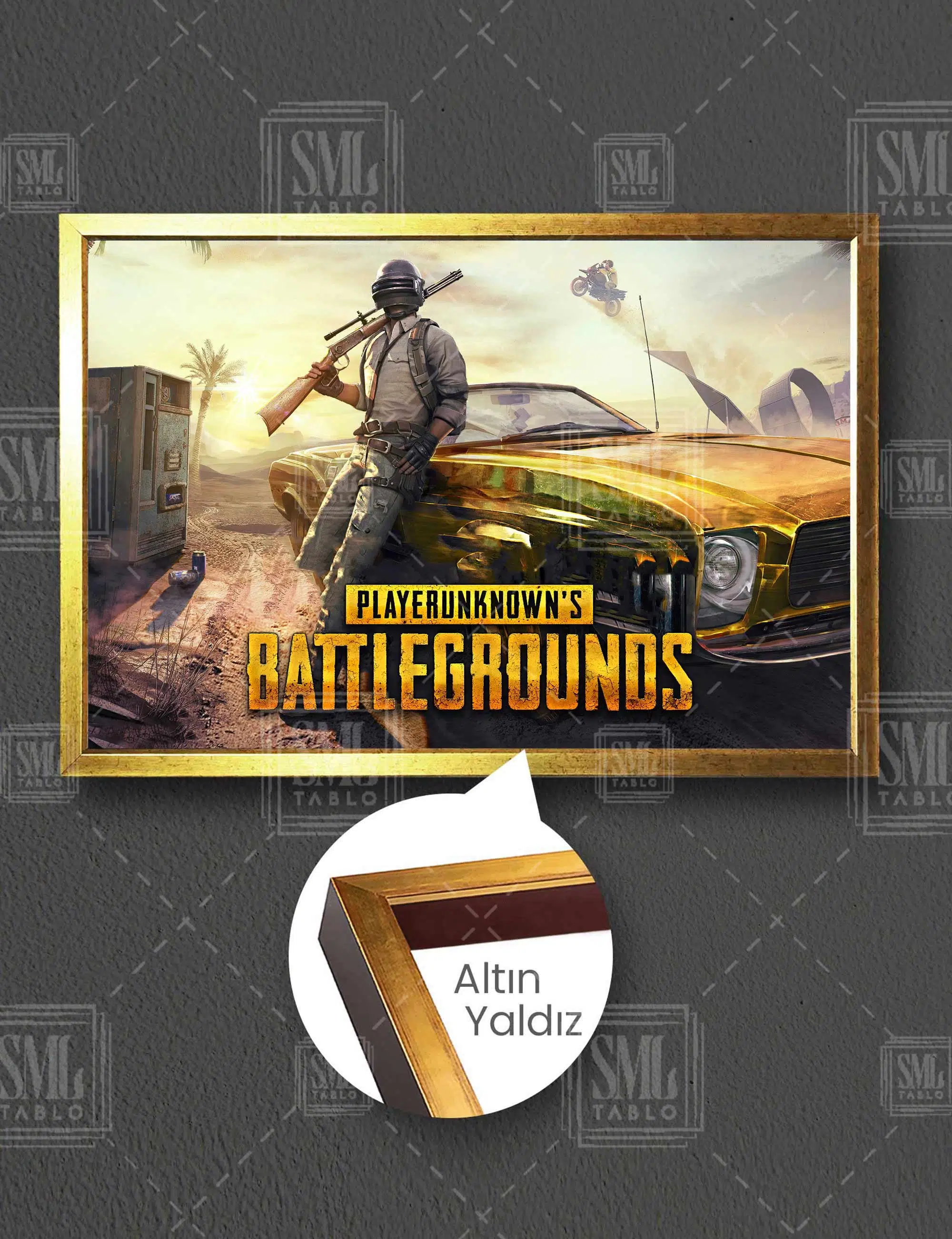 Pubg Mobile Online Macera Oyunu Altın Rengi Klasik Araba Yatay Çerçeveli Kanvas Tablo