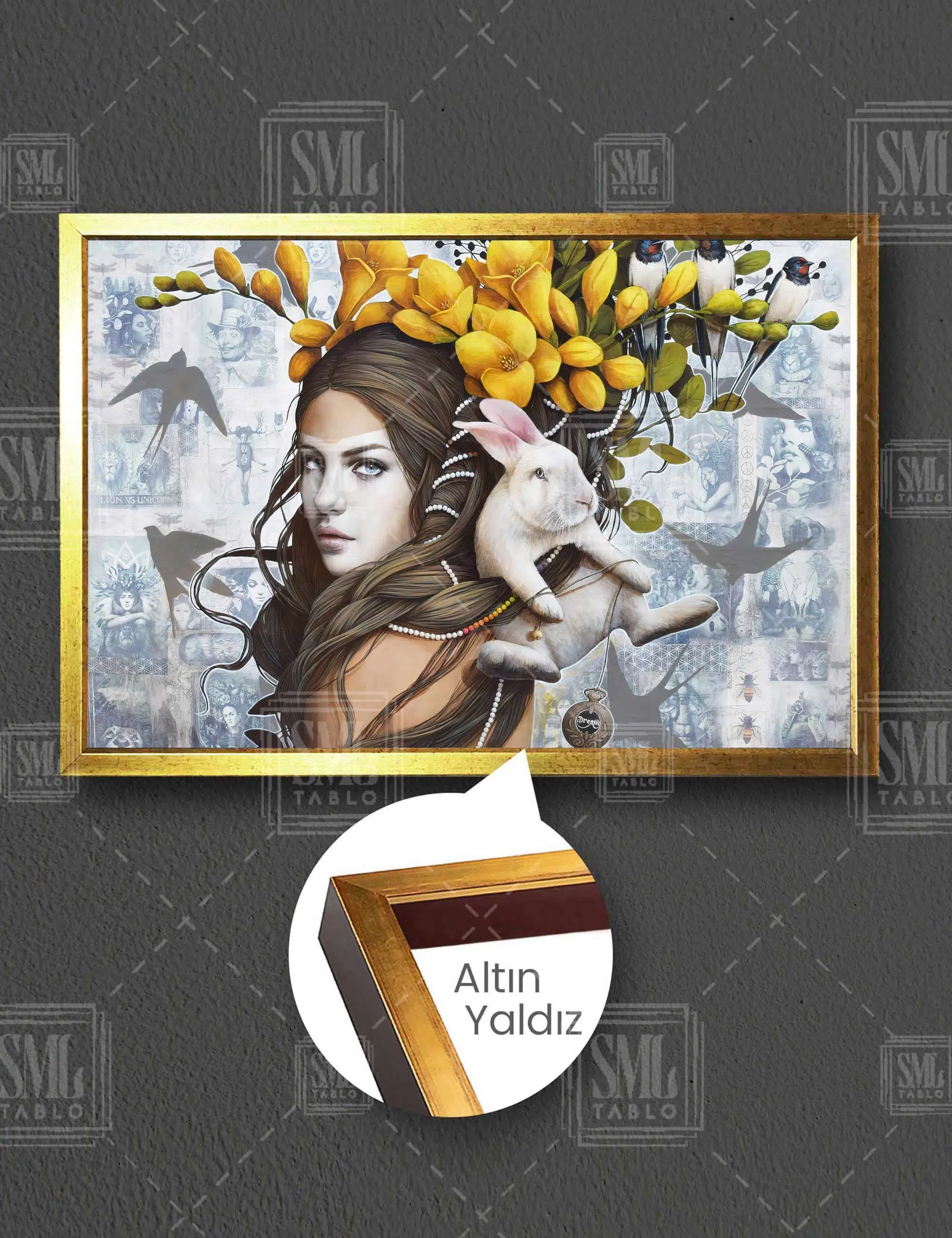 Saçlarında Sarı Çiçekli Tavşanıyla Alice Yatay Çerçeveli Kanvas Tablo