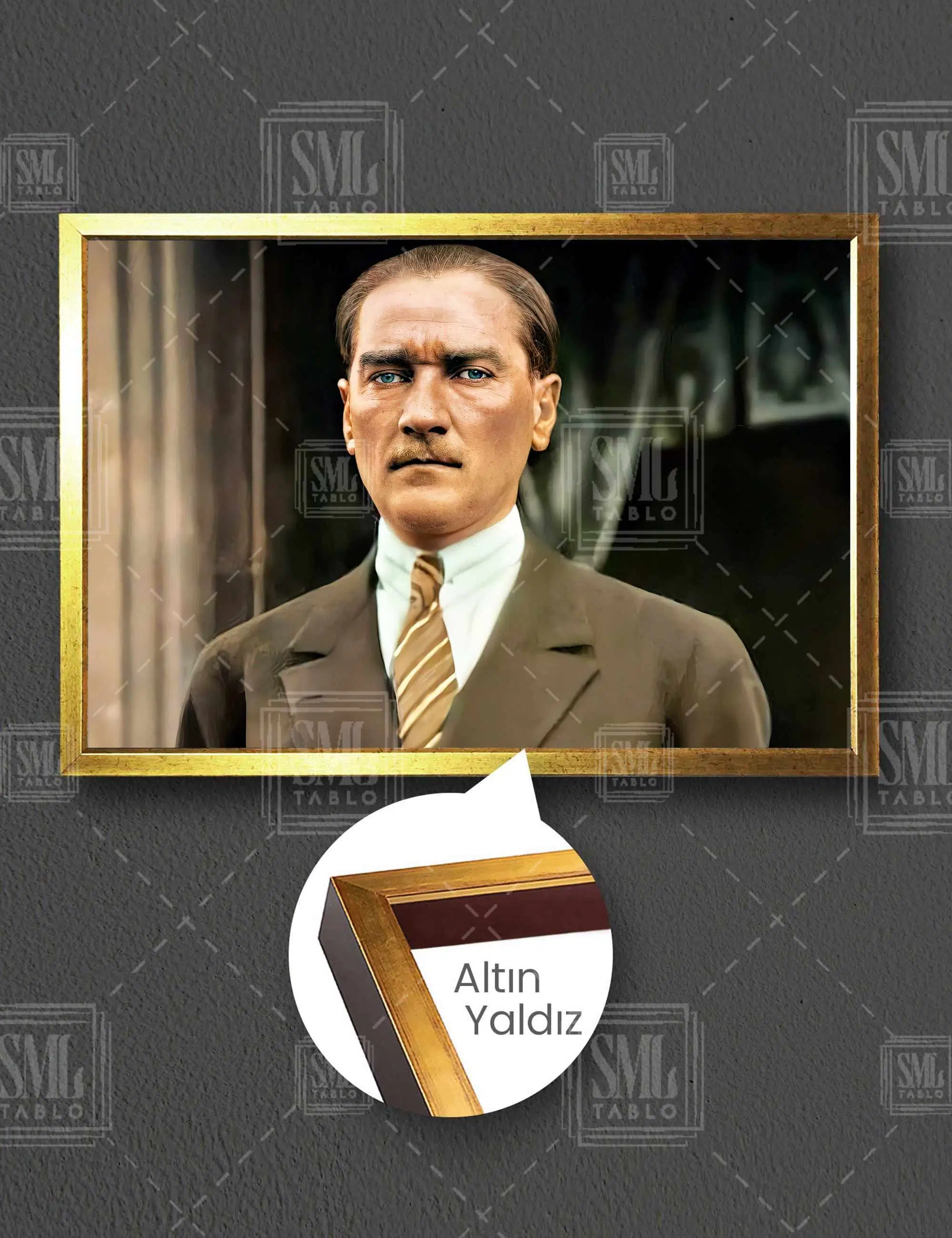 Sert Bakışlı Mustafa Kemal Atatürk Yatay Çerçeveli Kanvas Tablo