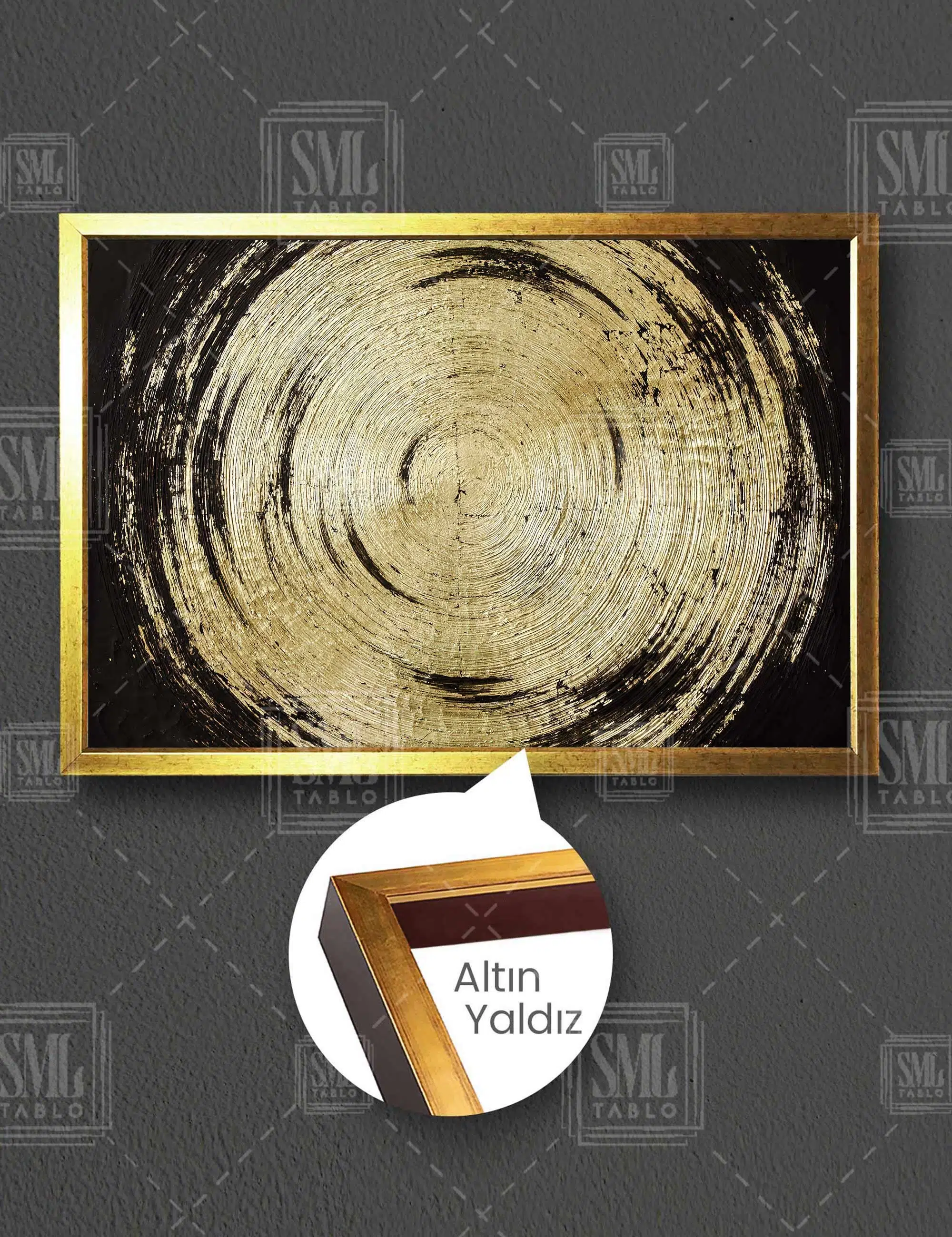Gold Spiral Fırça İzi Yatay Çerçeveli Kanvas Tablo