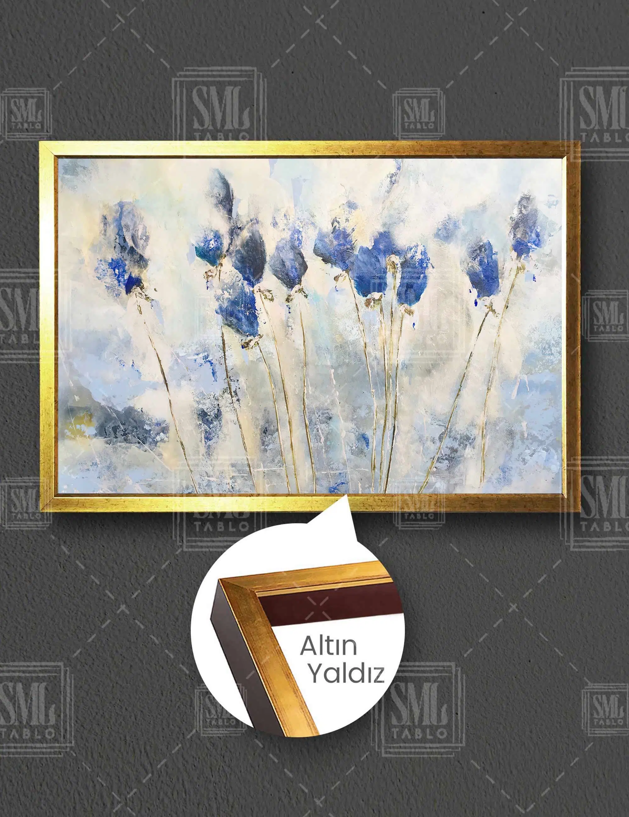 Altın Dallı Mavi Çiçekler Gold Abstract Yatay Çerçeveli Kanvas Tablo