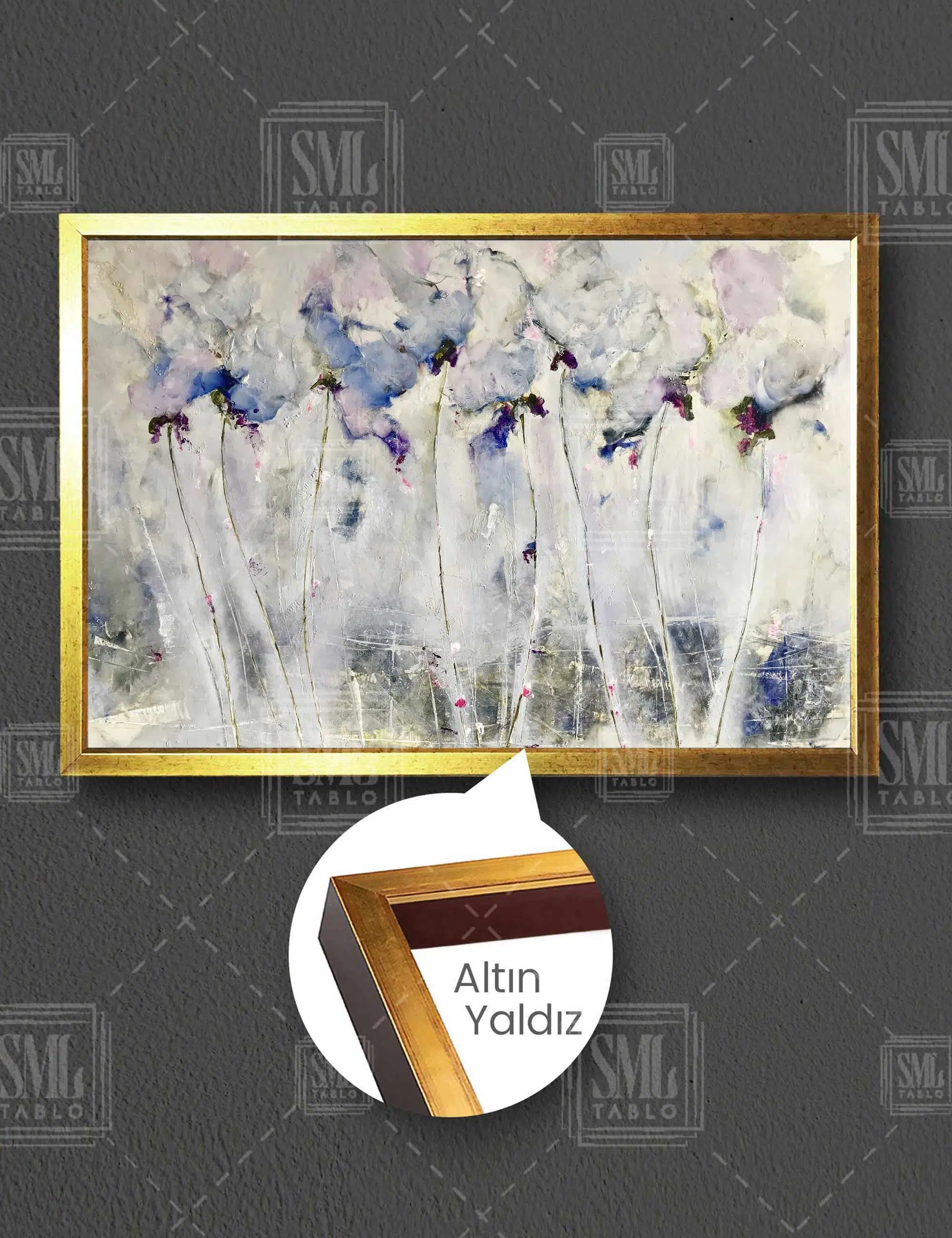 Altın Dallı Soyut Çiçekler Abstract Dekor Yatay Çerçeveli Kanvas Tablo