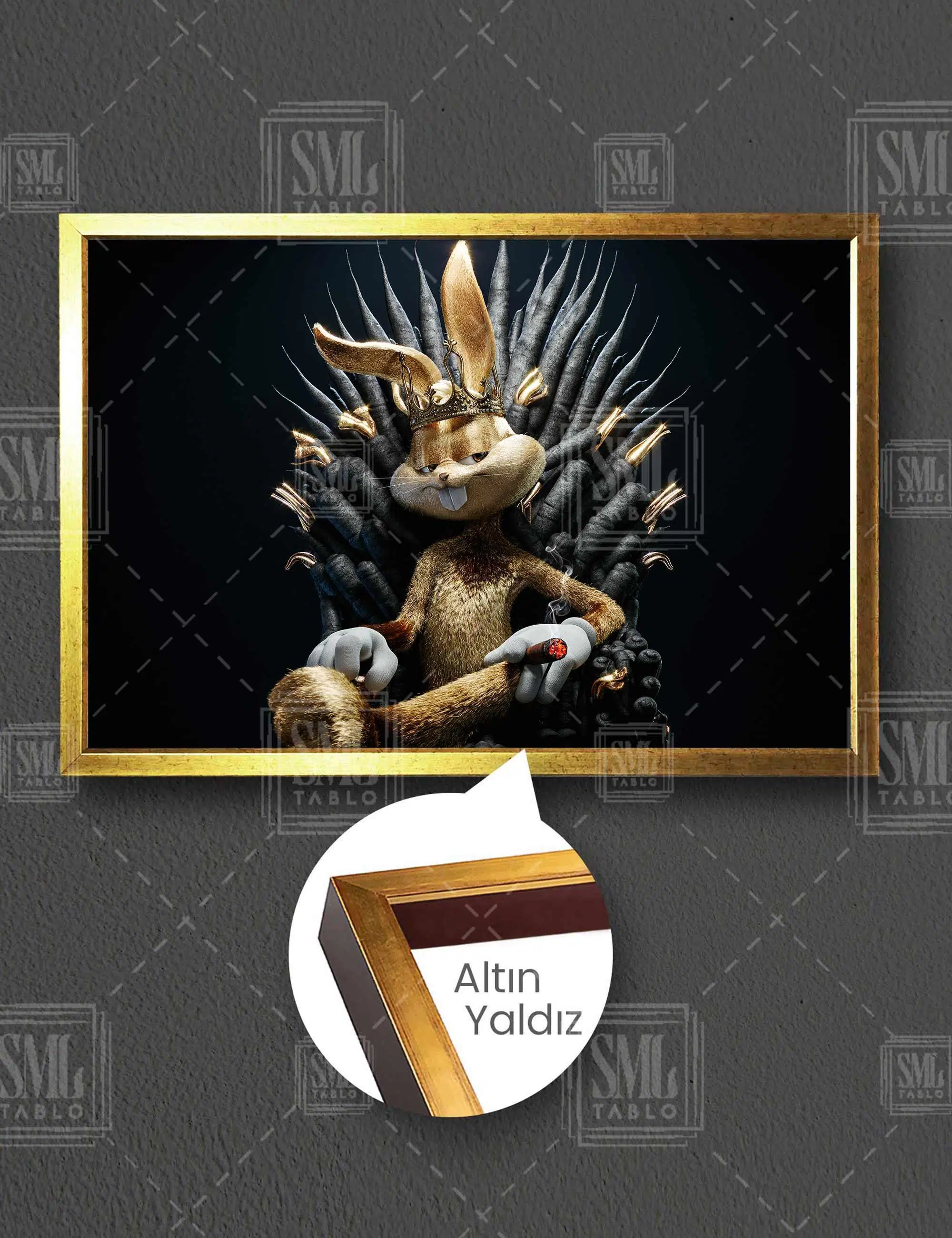 Altın Taçlı Puro İçen Kral Bugs Bunny Yatay Çerçeveli Kanvas Tablo