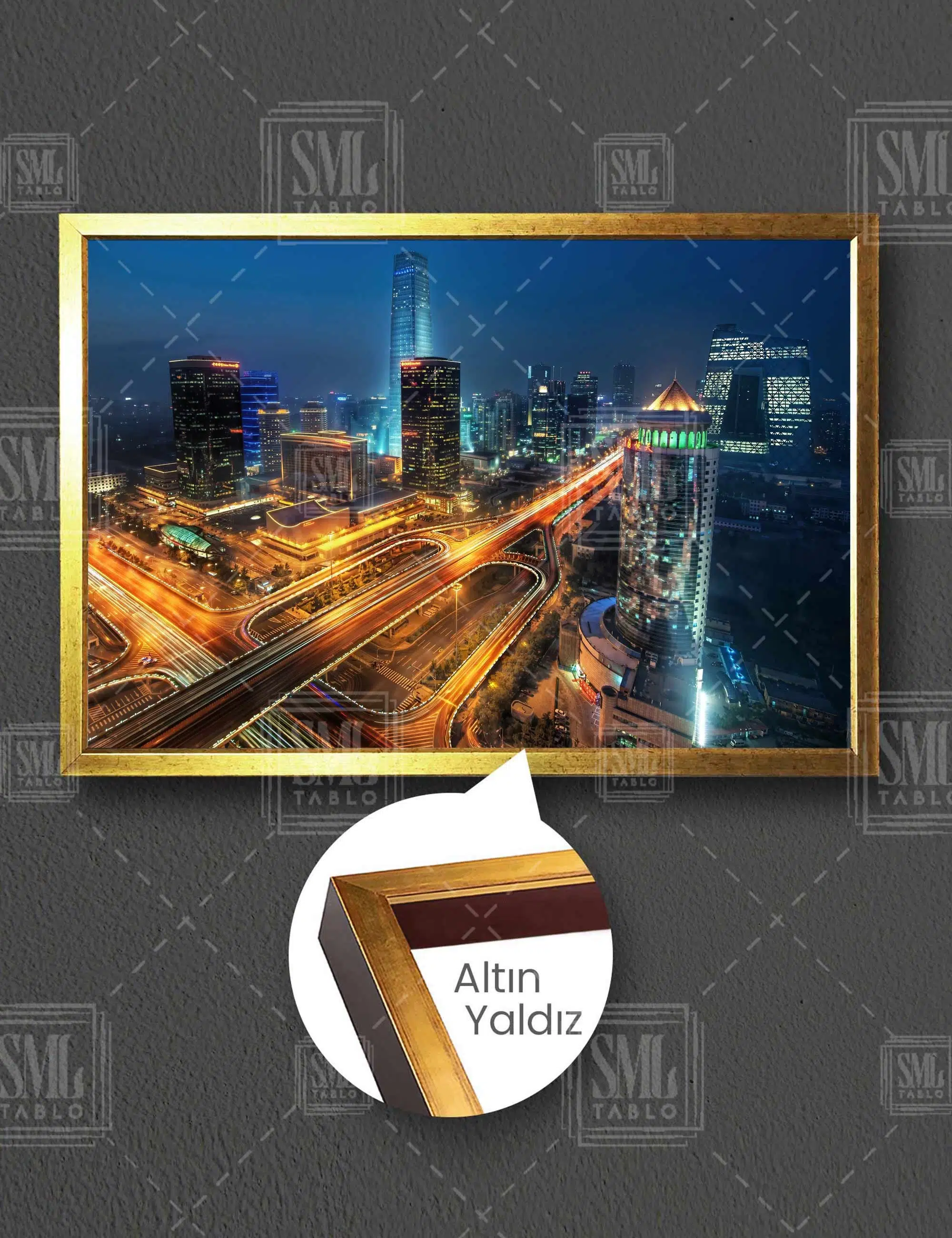 Gece Işıkları Altındaki Şehir Manzarası City Yatay Çerçeveli Kanvas Tablo
