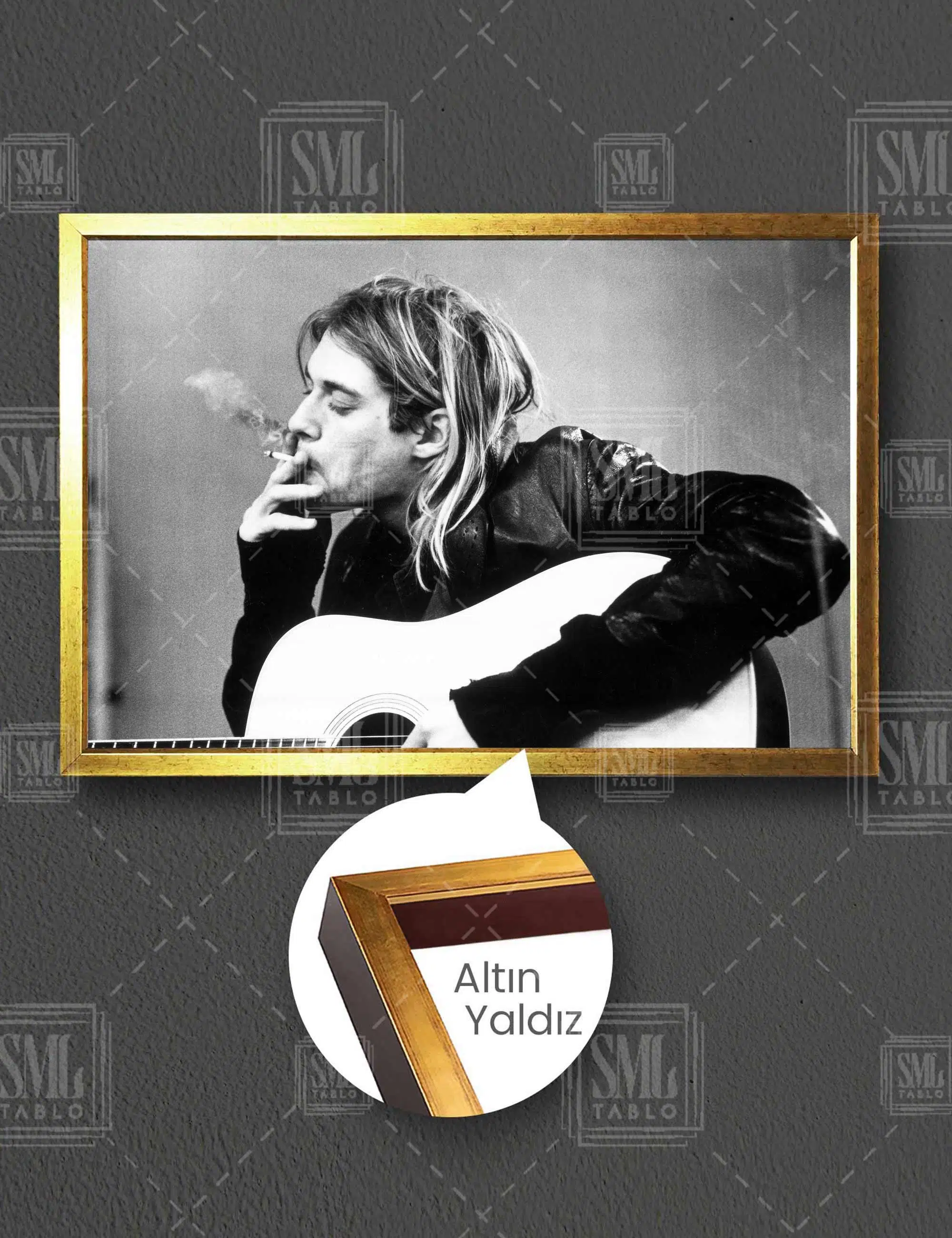 Kurt Cobain Sigara İçerken Müzk Sanat Dekor Nostalji Yatay Çerçeveli Kanvas Tablo