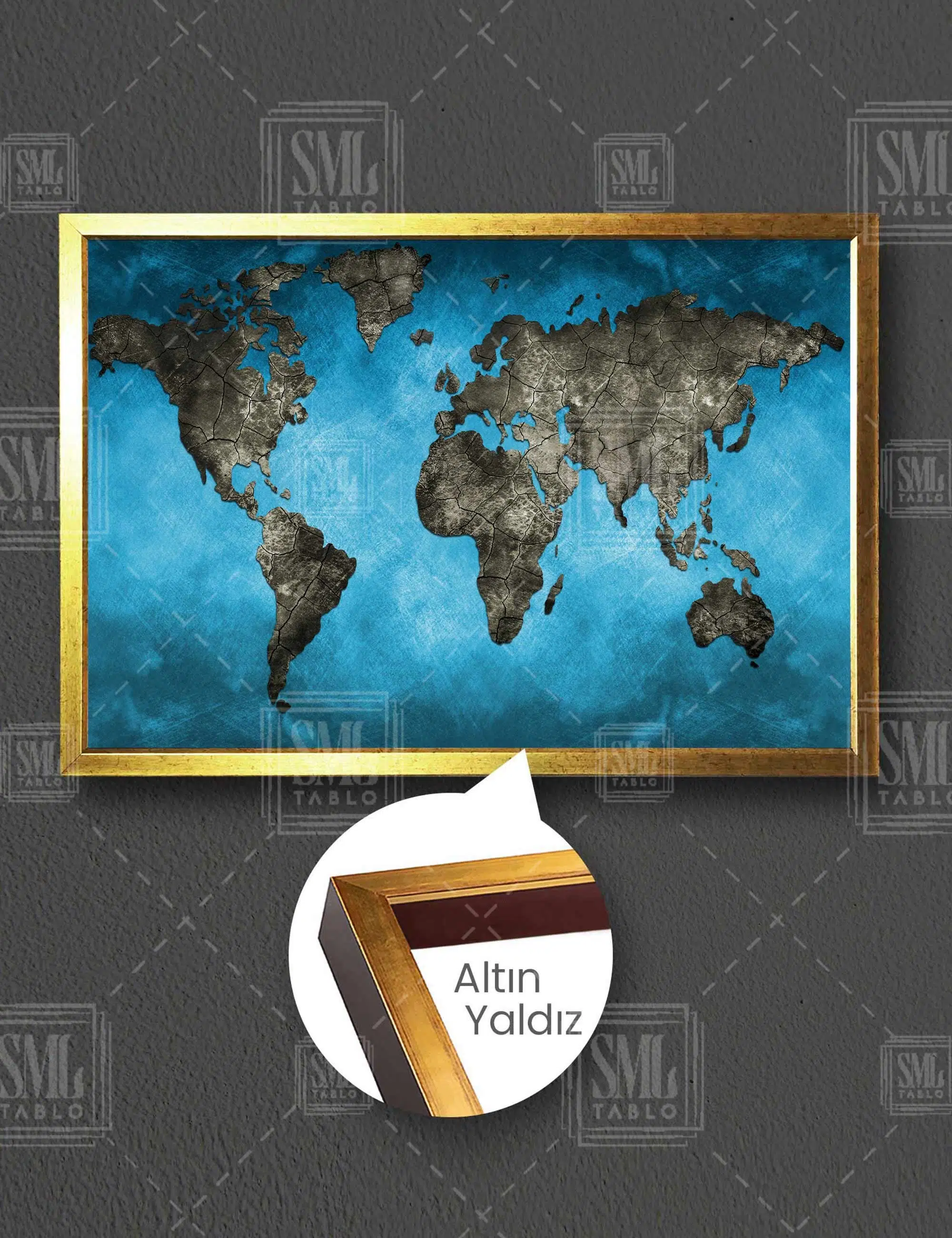Mavi Gri Dünya Haritası World Map Yatay Çerçeveli Kanvas Tablo