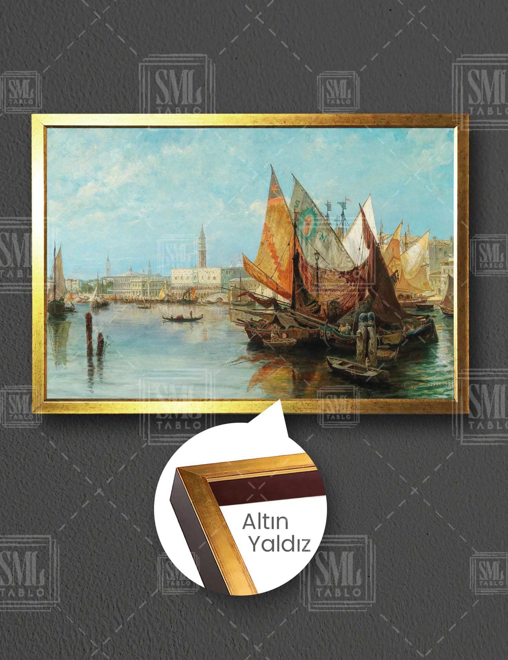 Ressam Carlo Broschi Sahildeki Yelkenli Gemi Yatay Çerçeveli Kanvas Tablo