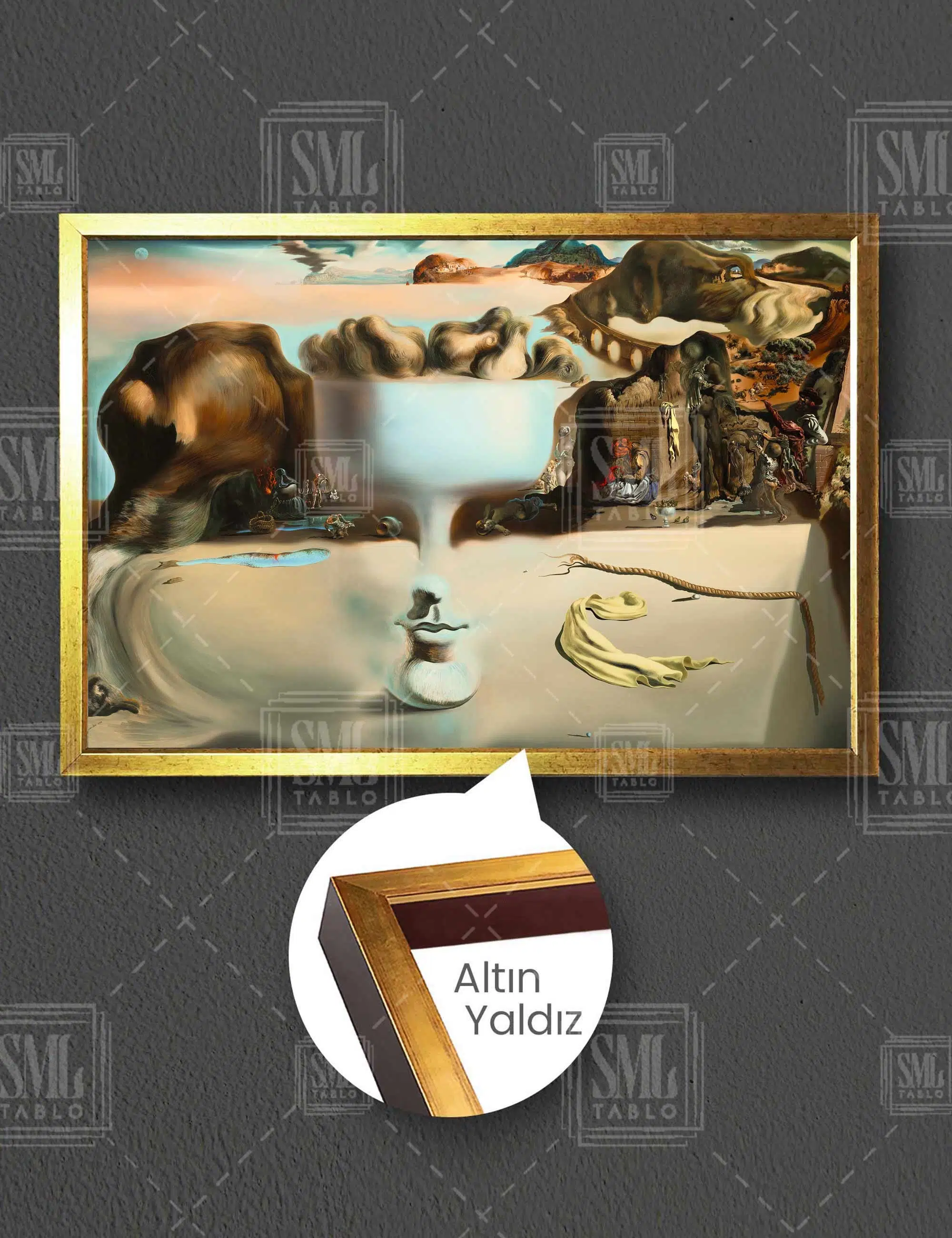 Ressam Salvador Dali Sahildeki Yüz Ve Meyve Tabağı Sürrealizm Yatay Çerçeveli Kanvas Tablo