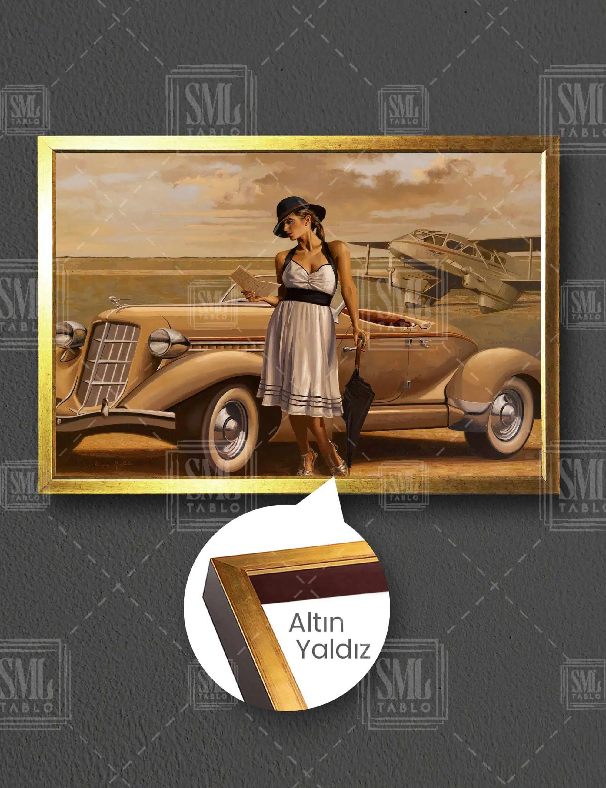 Siyah Şemsiyeli Mektup Okuyan Kadın Nostalji Antika Araba Yatay Çerçeveli Kanvas Tablo