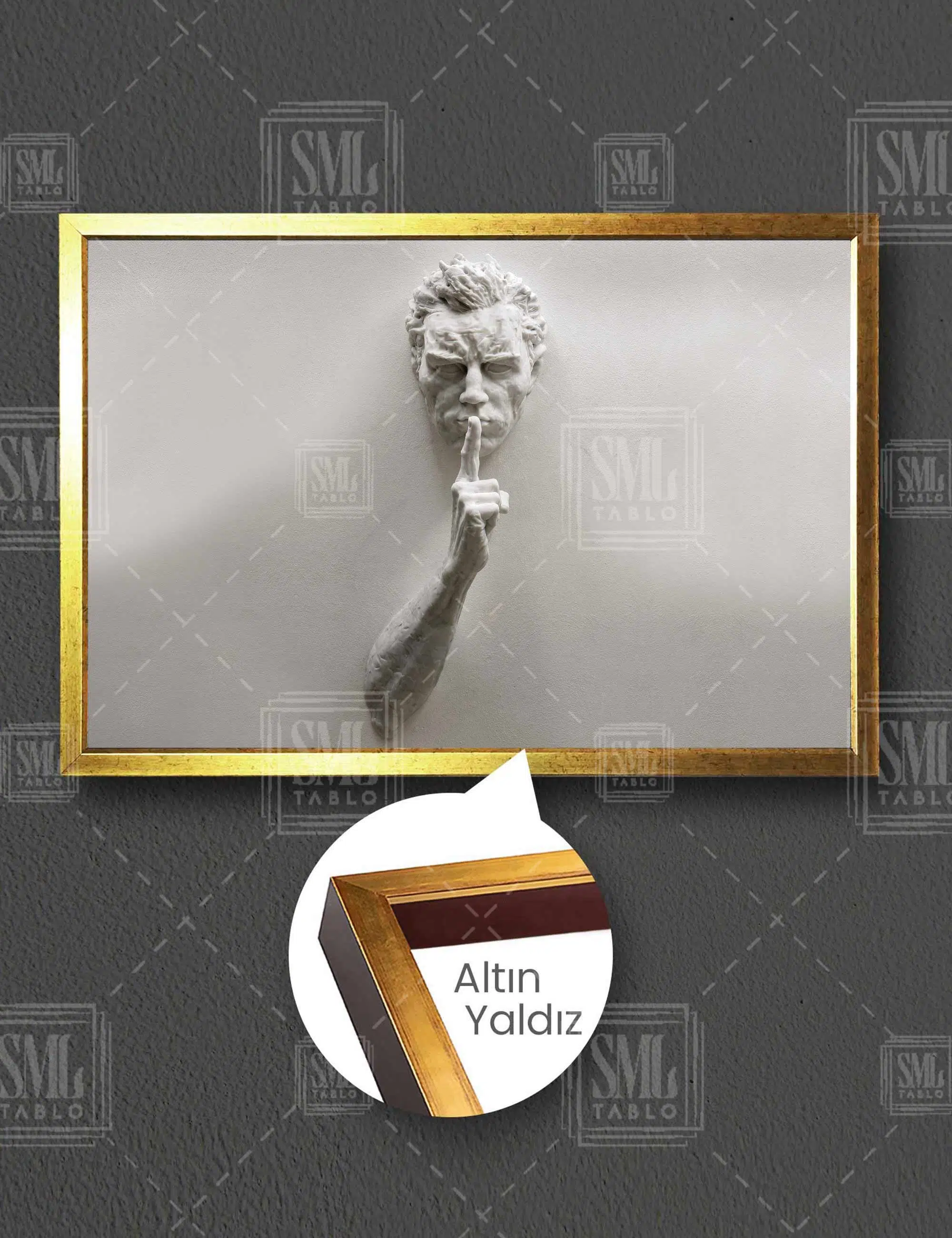 Sus İşareti Yapan Mermer Adam Art Dekor Yatay Çerçeveli Kanvas Tablo