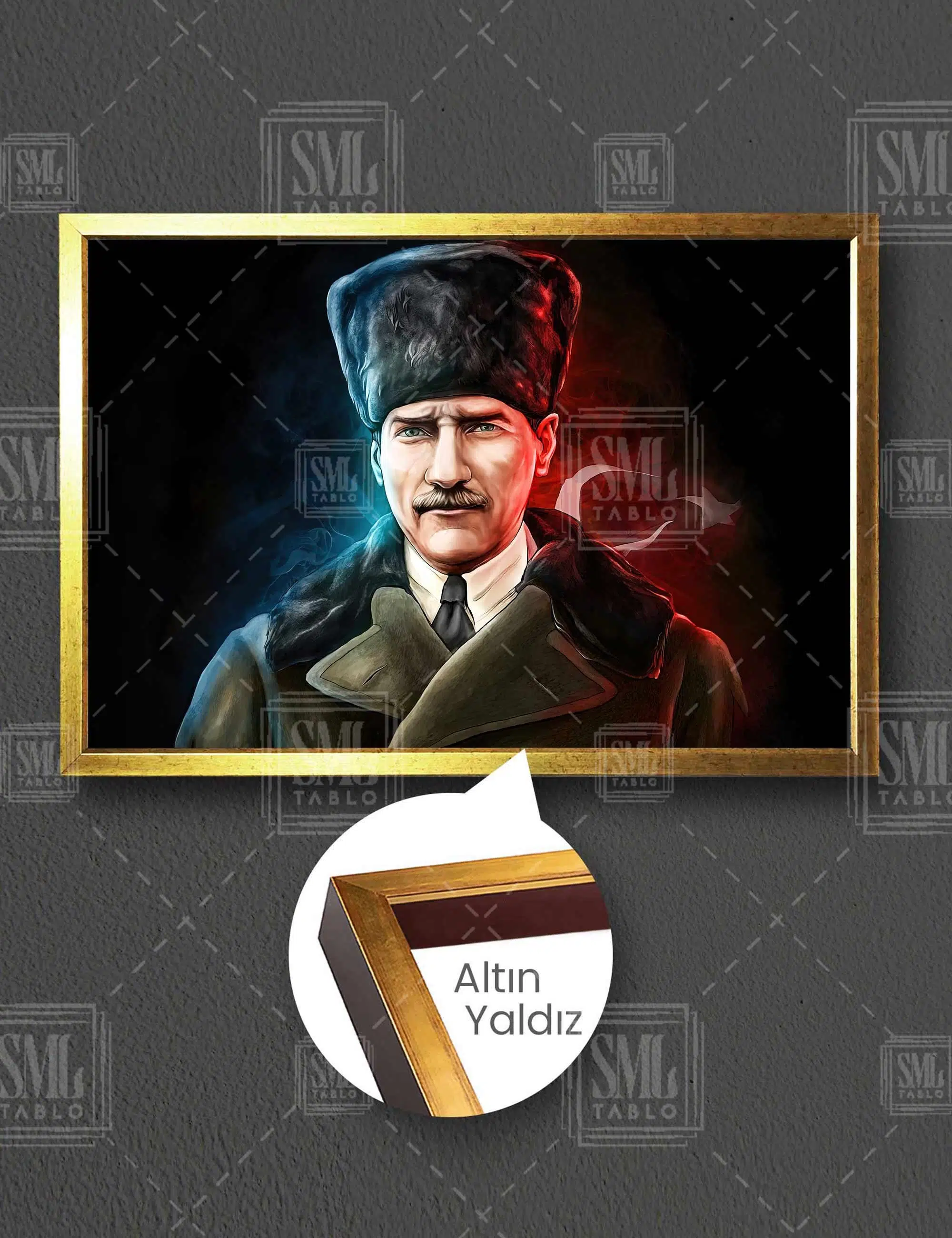 Gazi Mustafa Kemal Atatürk Ve Türk Bayrağı Yatay Çerçeveli Kanvas Tablo