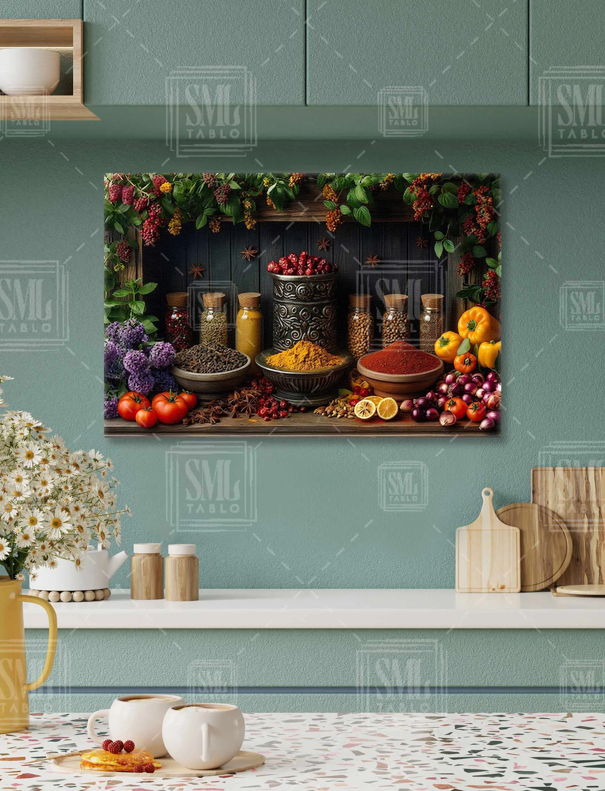 Otantik Mutfak Renkli Mutfak Dekor Baharatlar Sebzeler Restaurant Yatay Kanvas Tablo