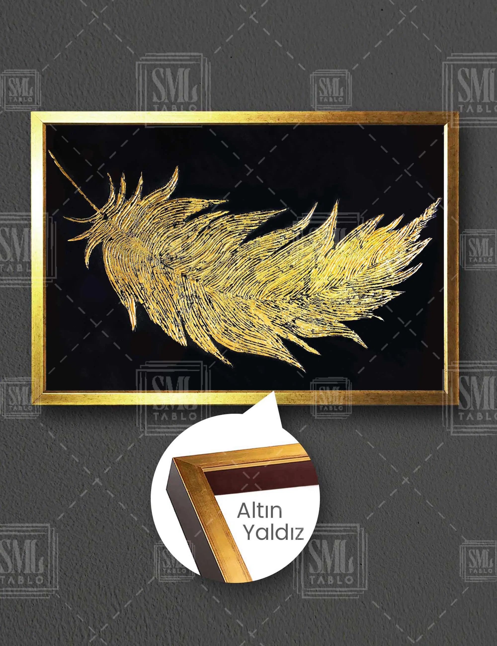 Gold Kuş Tüyü Yatay Çerçeveli Kanvas Tablo