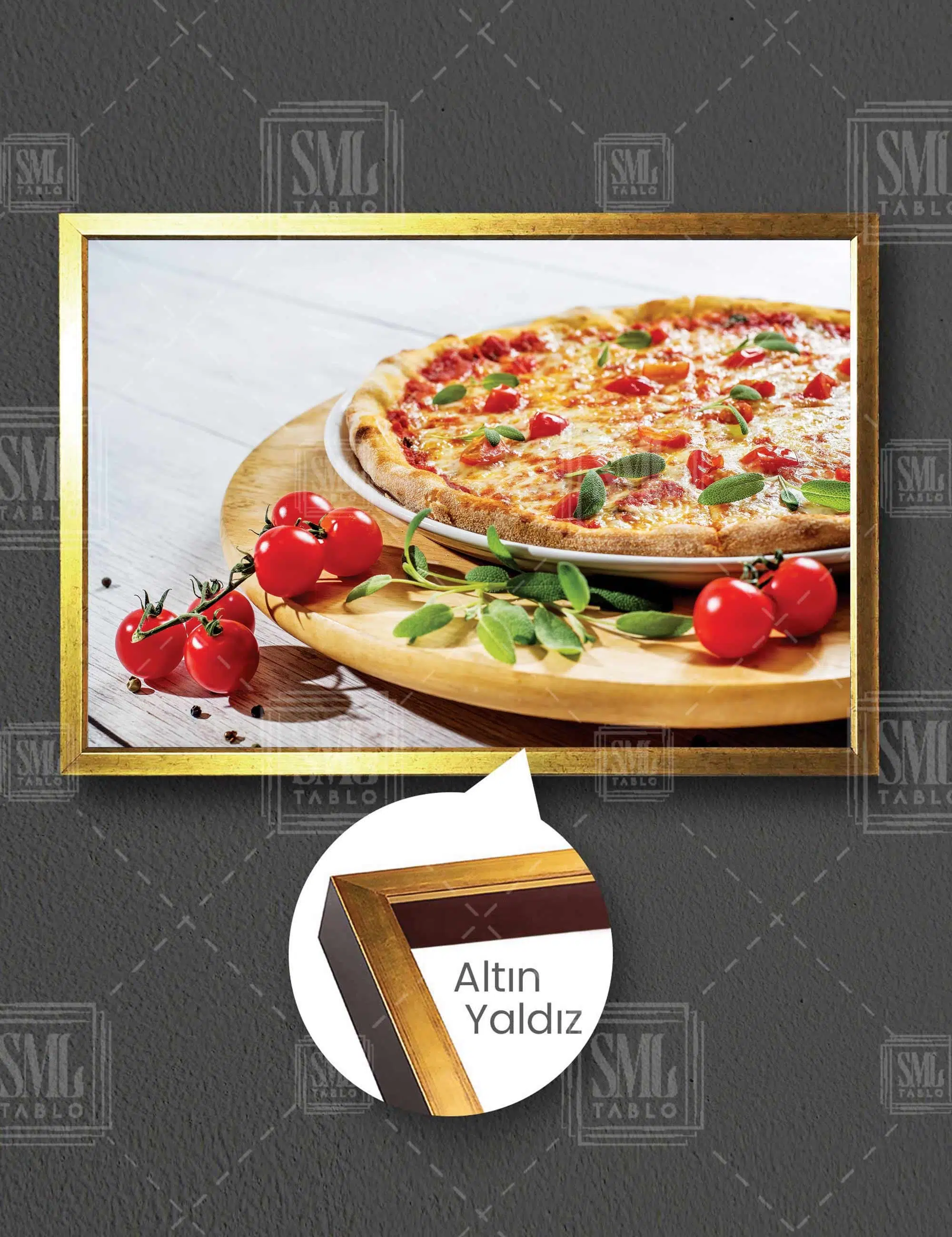 Bol Malzemeli Pizza Fesleğen Domates Peynir Hamur Pizzacı Fast Food Yatay Çerçeveli Kanvas Tablo