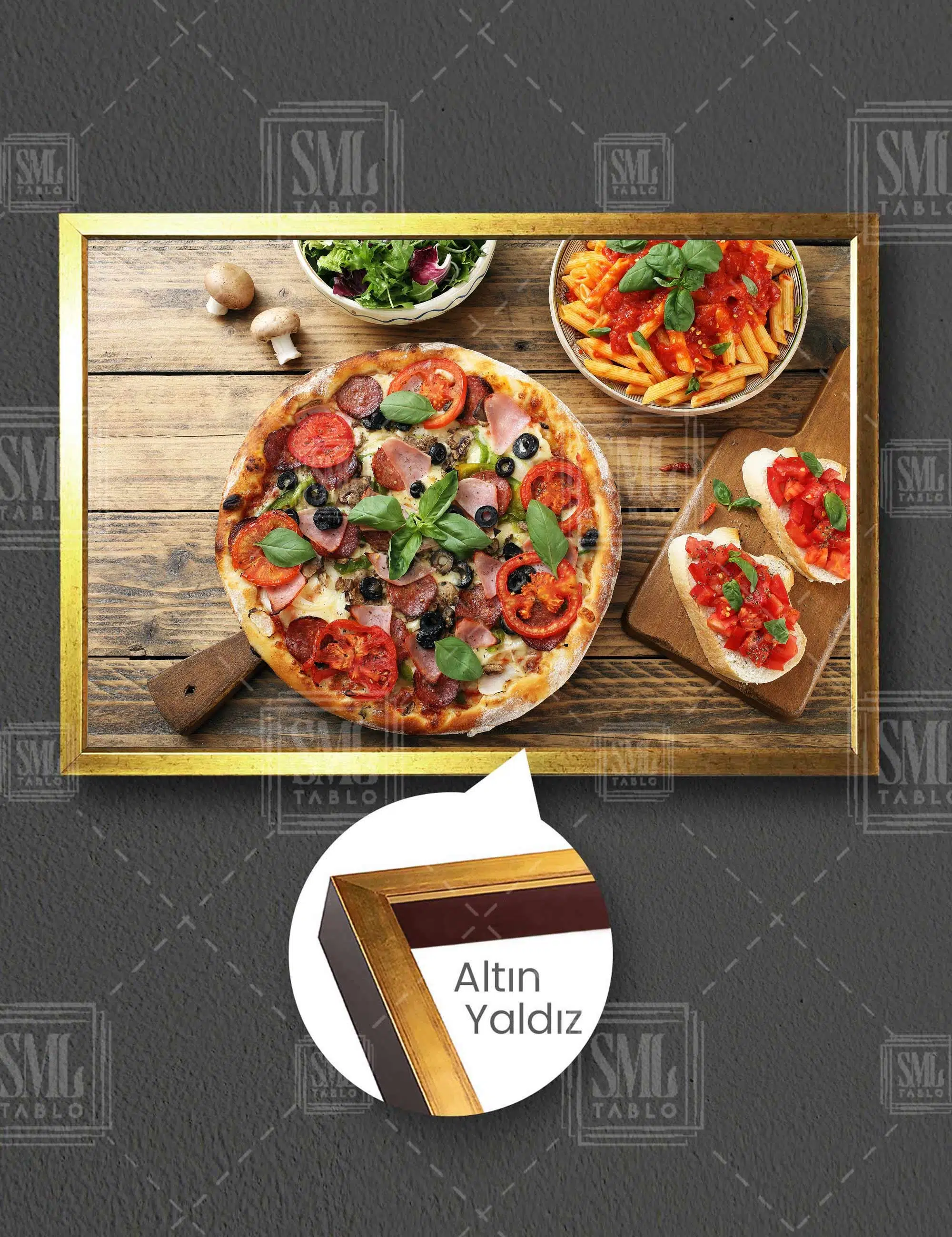 Bol Malzemeli Pizza Fesleğen Peynir Hamur Pizzacı Fast Food Yatay Çerçeveli Kanvas Tablo
