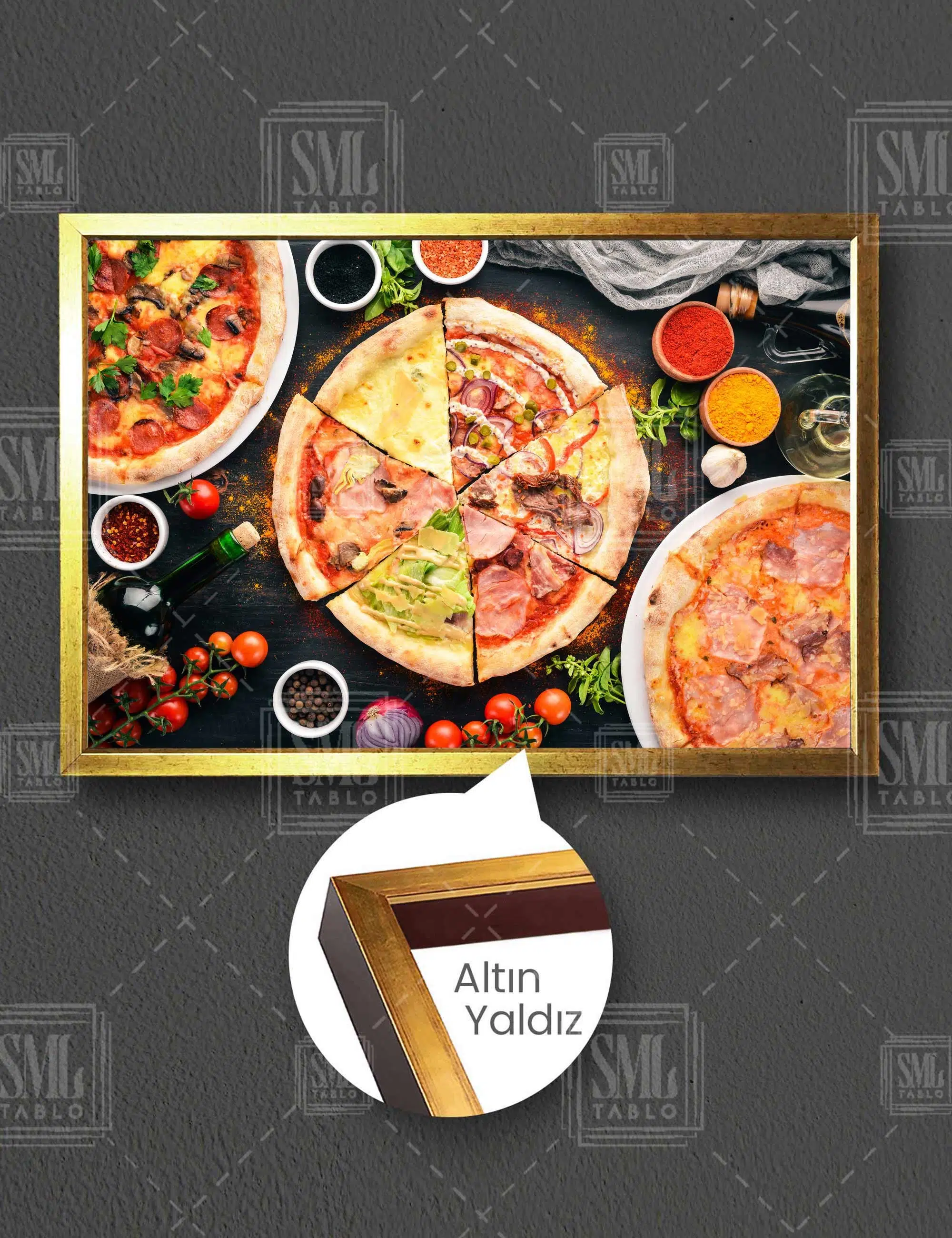 Lezzetli Pizza Çeşitleri İltayan Mutfağı Fast Food Pizzacı İtalian Cuisine Yatay Çerçeveli Kanvas Tablo