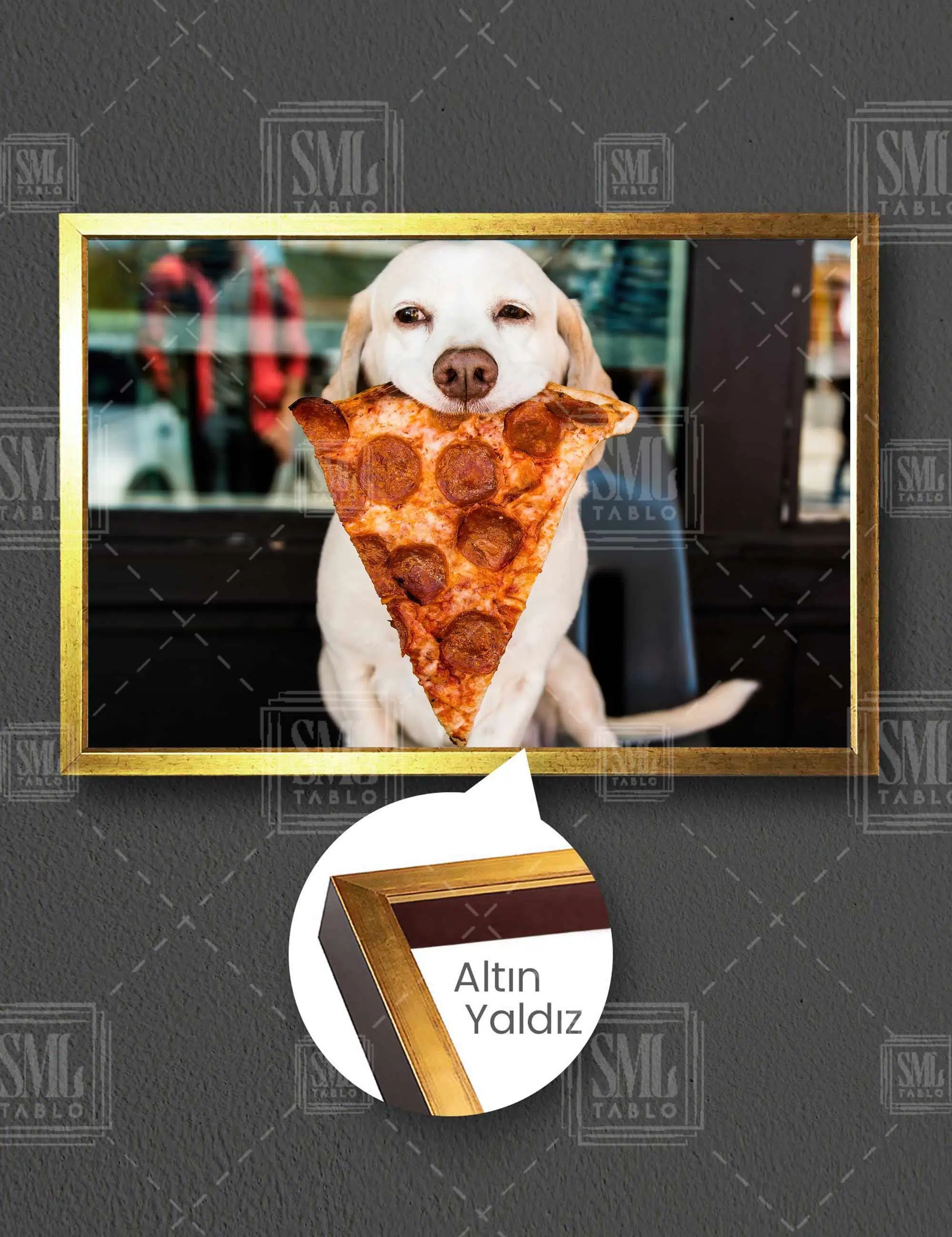 Pizzi Dilimi Yiyen Şirin Golden Köpek Fast Food Pizzacı Yatay Çerçeveli Kanvas Tablo