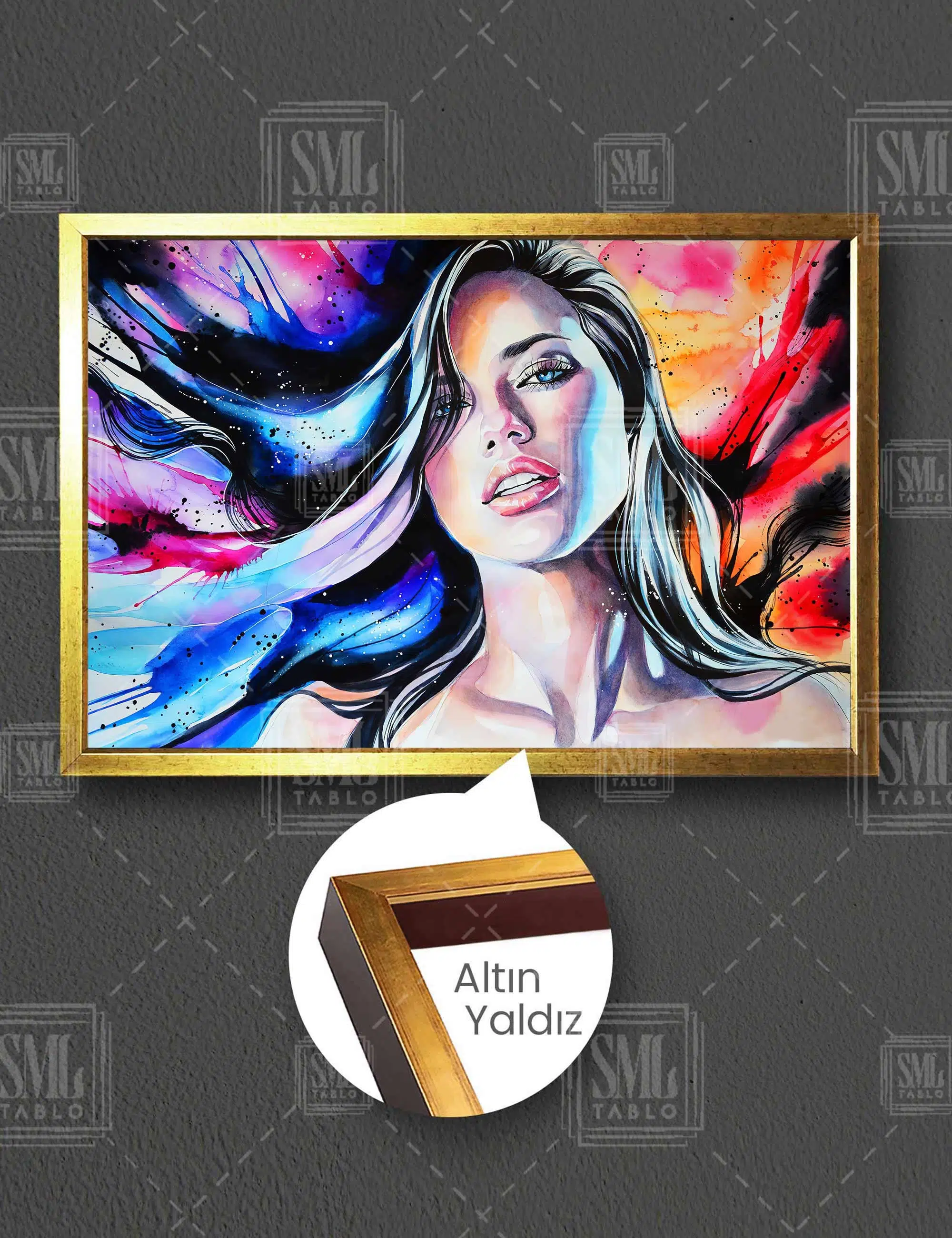 Adriana Lima Sulu Boya Portre Dijital Sanat Yatay Çerçeveli Kanvas Tablo