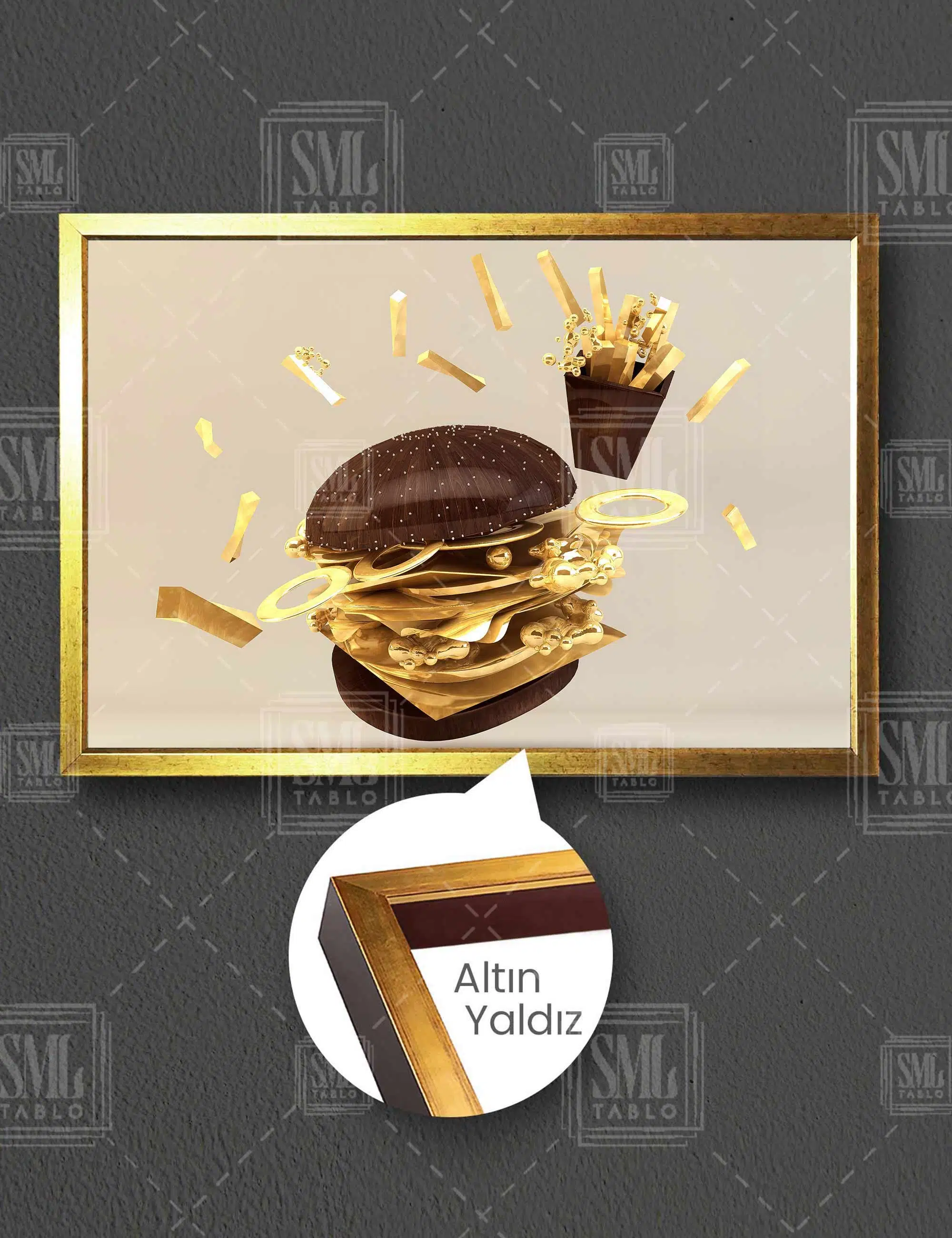 Ahşap Ekmek Gold Rengi İç Malzemeli Hamburger Fast Food Yatay Çerçeveli Kanvas Tablo
