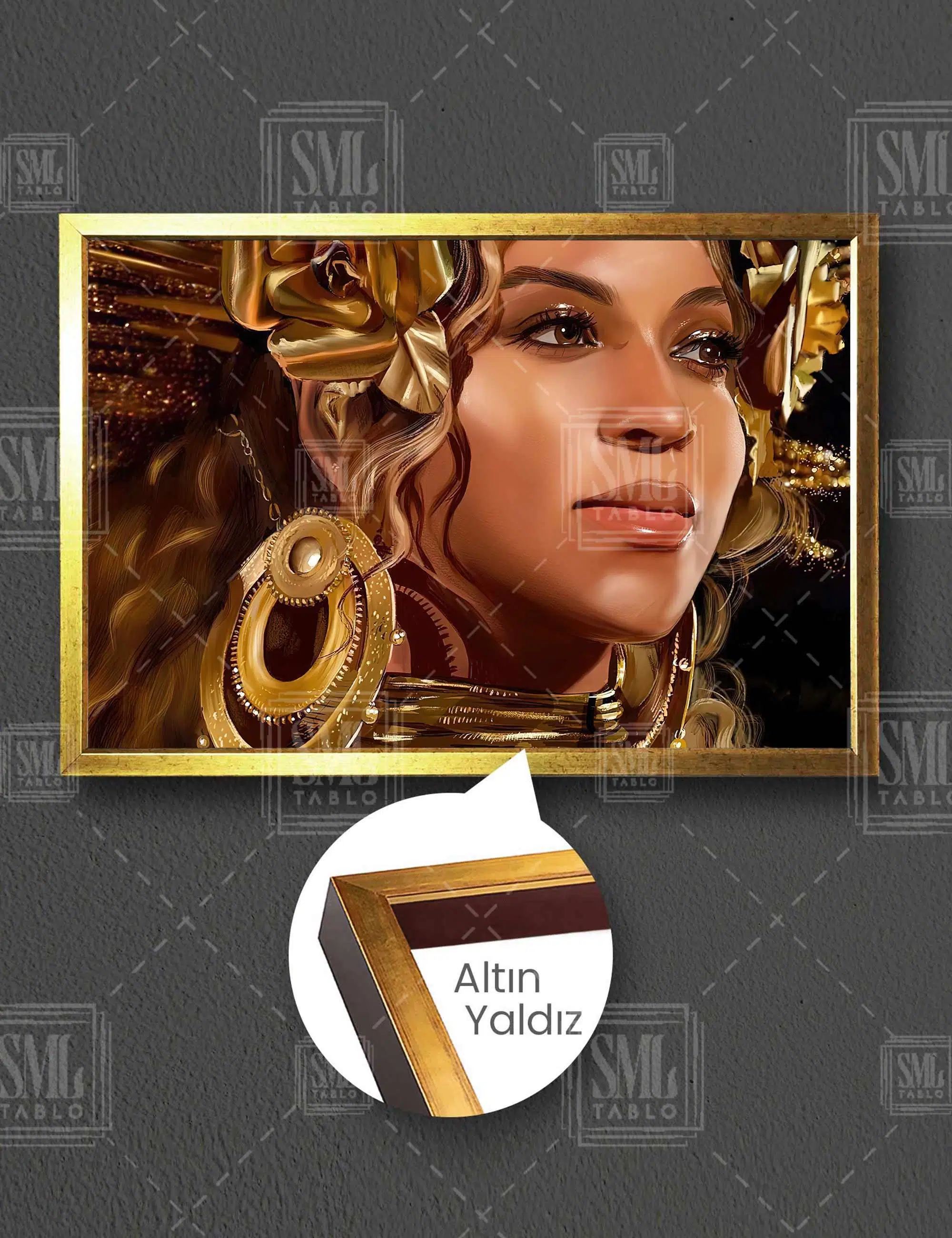 Altın Aksesuarlı Beyonce İlüstrasyonu Efsane R&B Kraliçesi Yatay Çerçeveli Kanvas Tablo