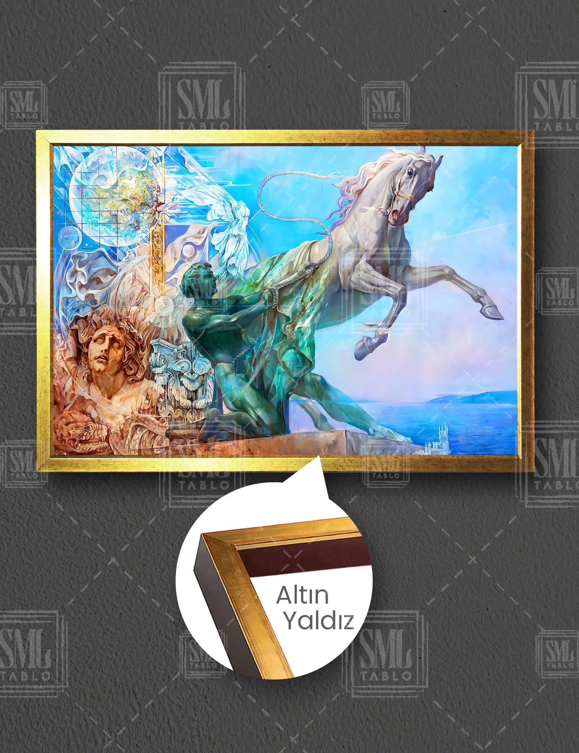 Astroloji Tarih Beyaz At Yunan Mitolojisi Öğeleri Deniz Yatay Çerçeveli Kanvas Tablo