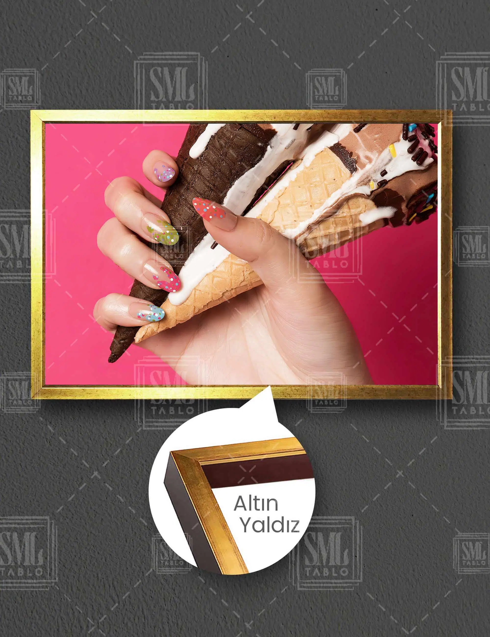 Dondurma Nail Art Tırnak Süsleme Stüdyo Dekorasyon Yatay Çerçeveli Kanvas Tablo