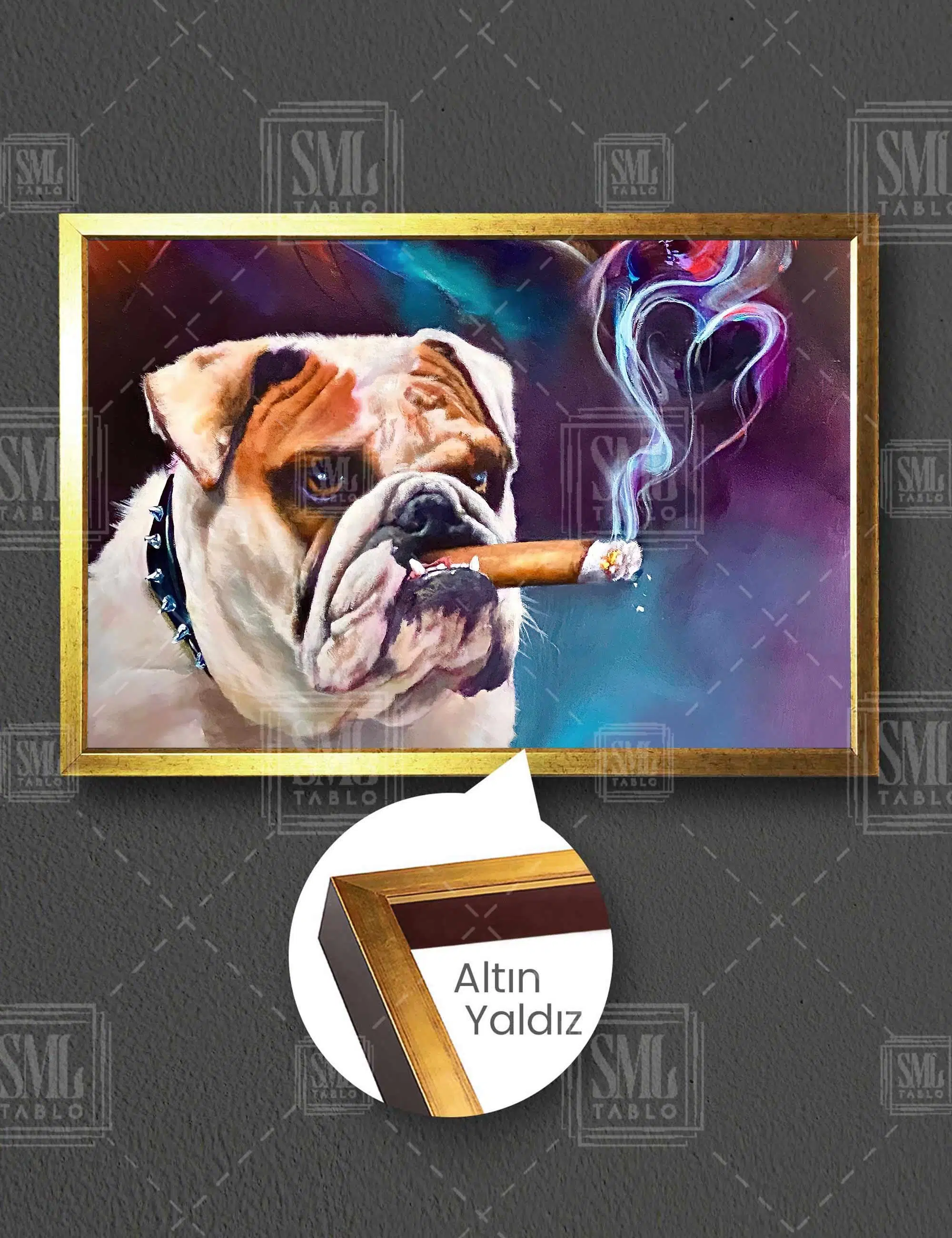 Duman Kalp Renkli Kalpler Ve Sinirli Bulldog Sevimli Köpek Yatay Çerçeveli Kanvas Tablo