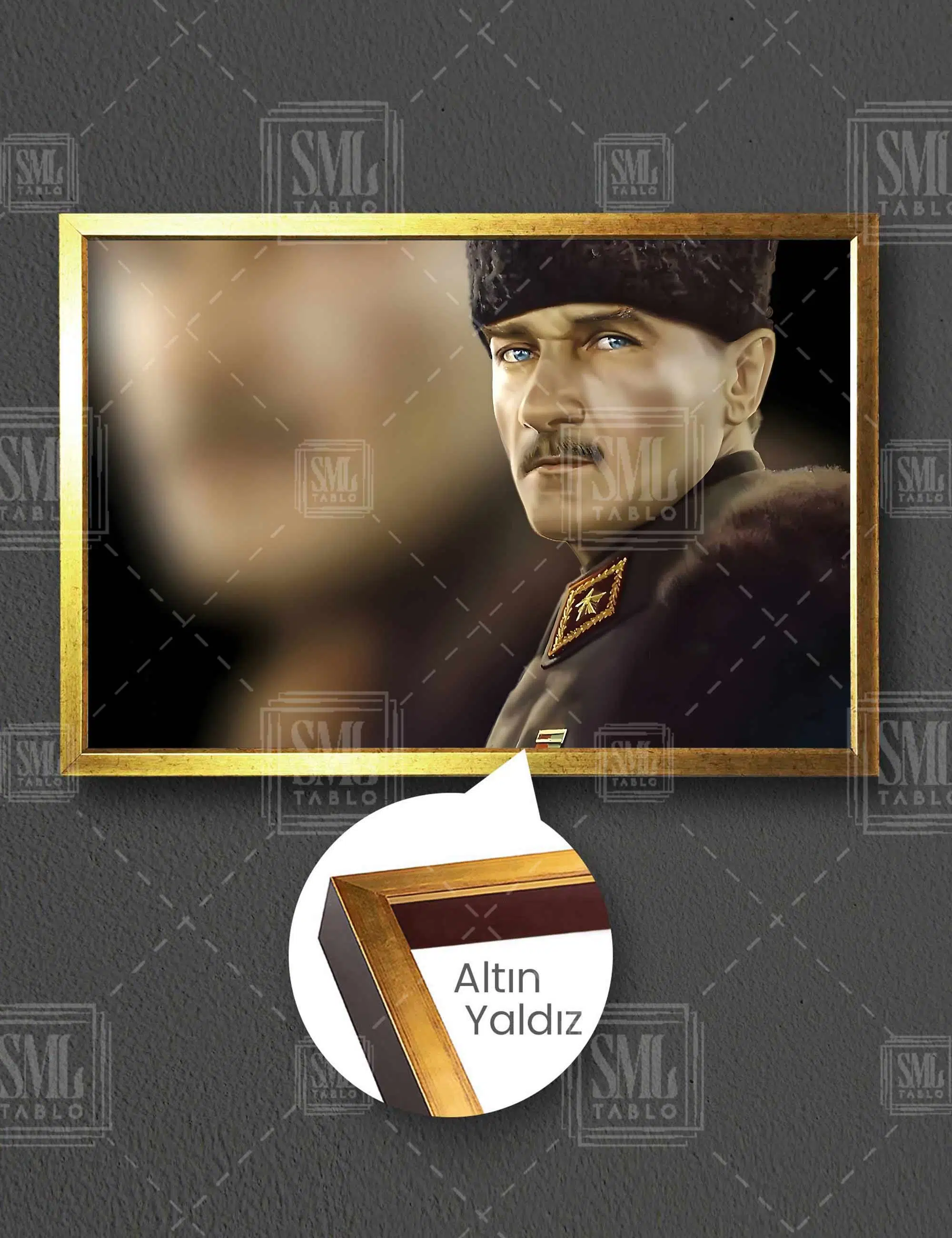 Gazi Mustafa Kemal Atatürk Kalpaklı Mareşal Madalyası Yatay Çerçeveli Kanvas Tablo