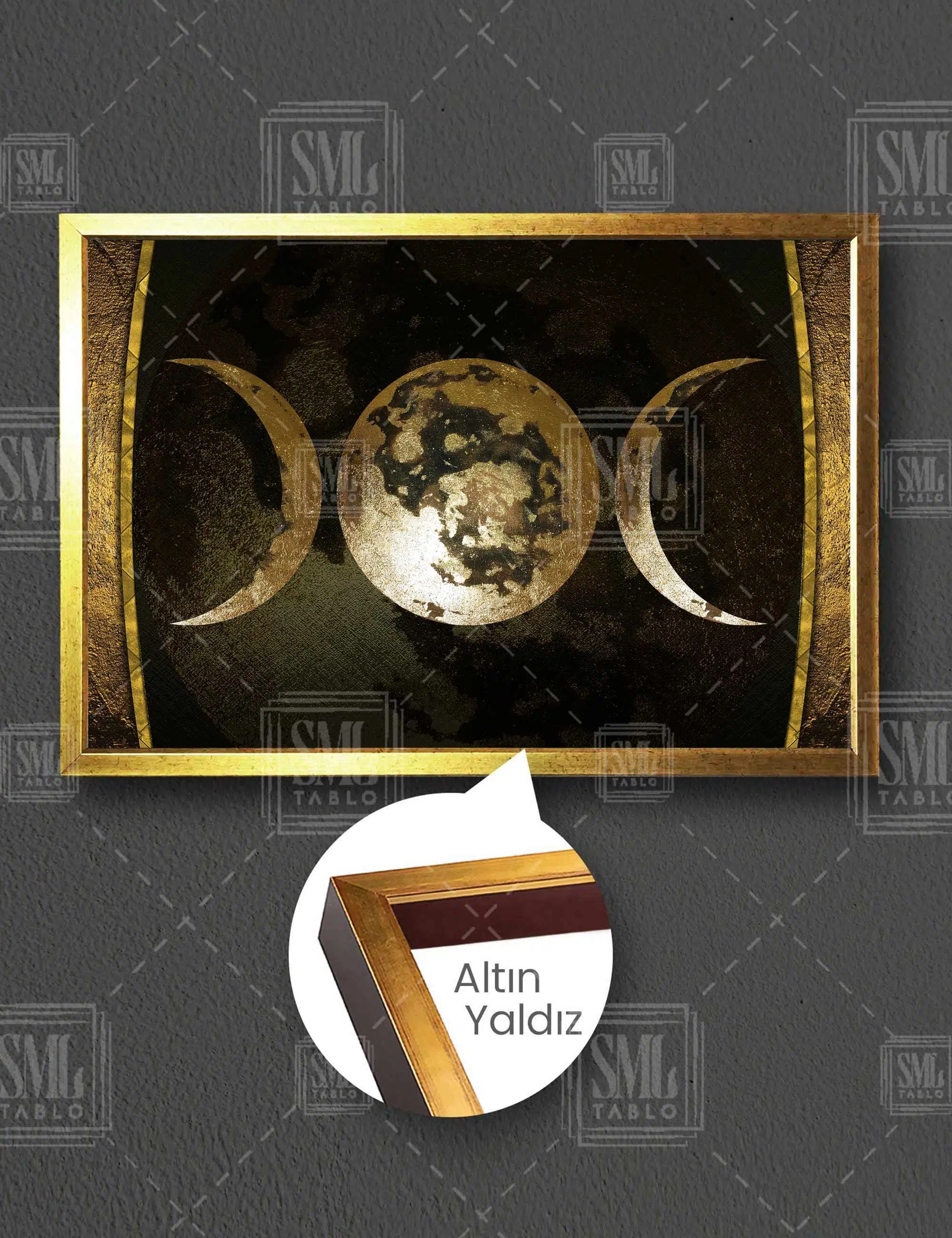 Gold Ayın Dolunay Ve Hilal Hali Moon Phase Gökyüzü Yatay Çerçeveli Kanvas Tablo