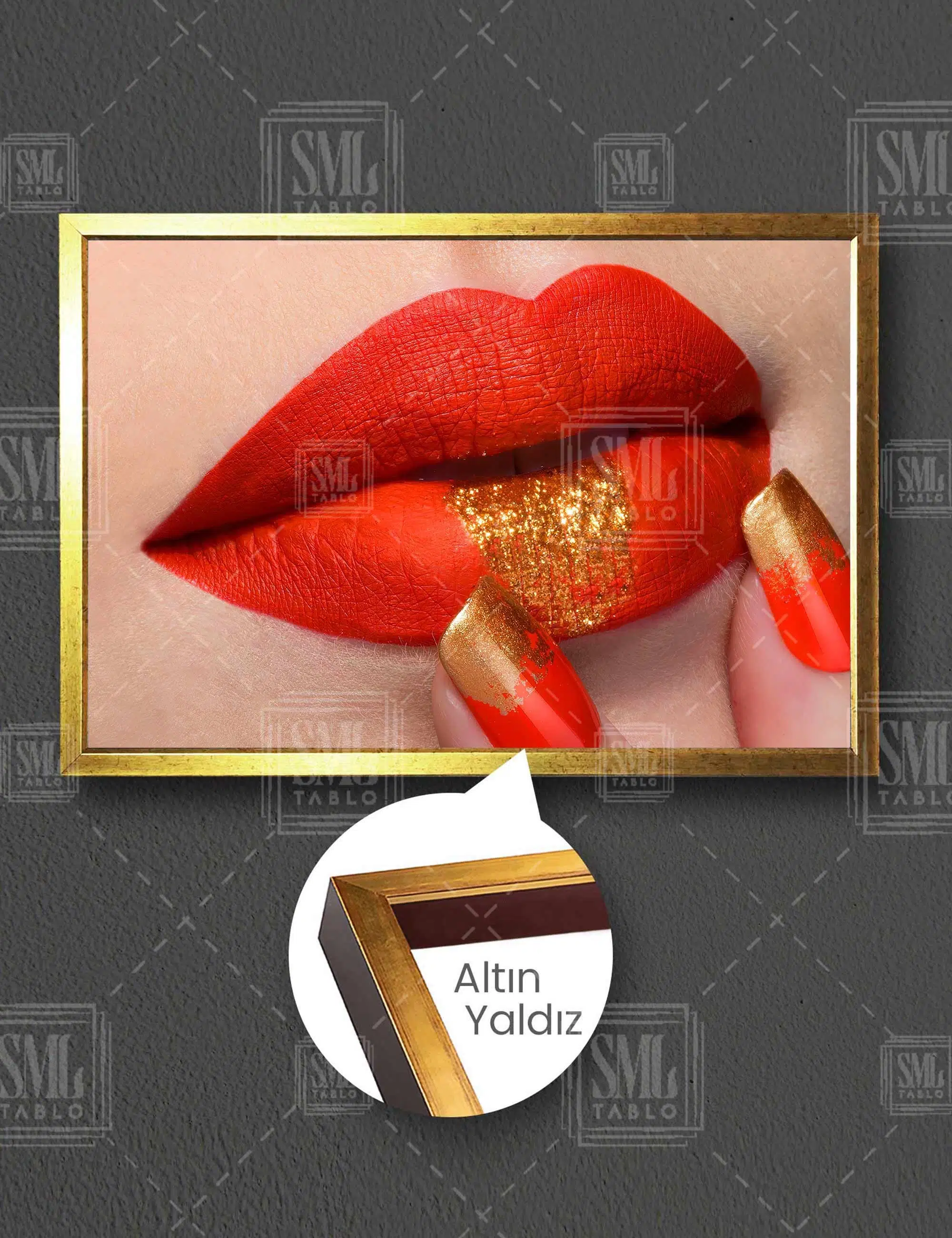 Gold Detaylı Kırmızı Oje Ve Ruj Make Up Kuaför Nail Art Dekorasyon Yatay Çerçeveli Kanvas Tablo
