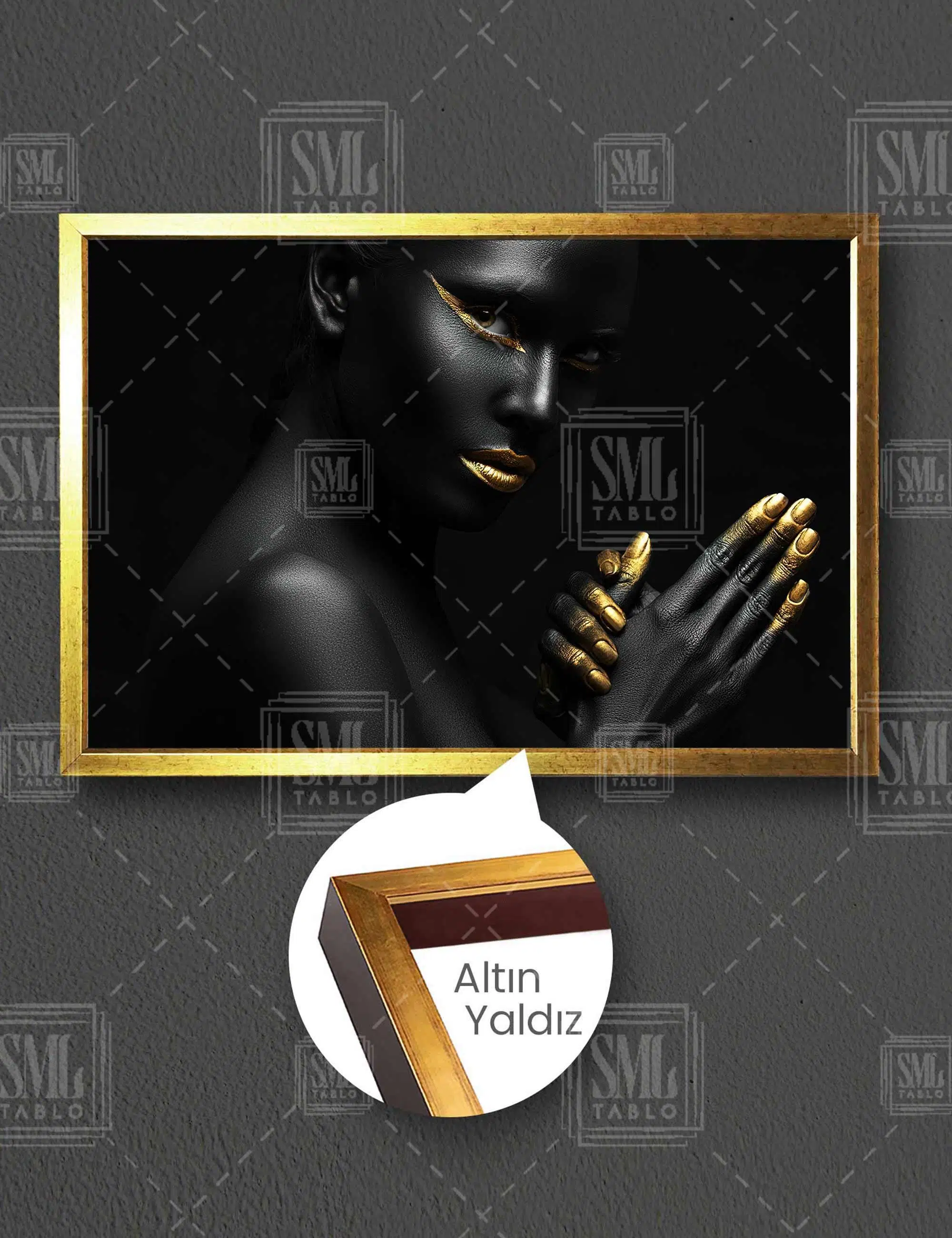 Gold Eyeliner Ve Ruj Make Up Dekoratif Yatay Çerçeveli Kanvas Tablo