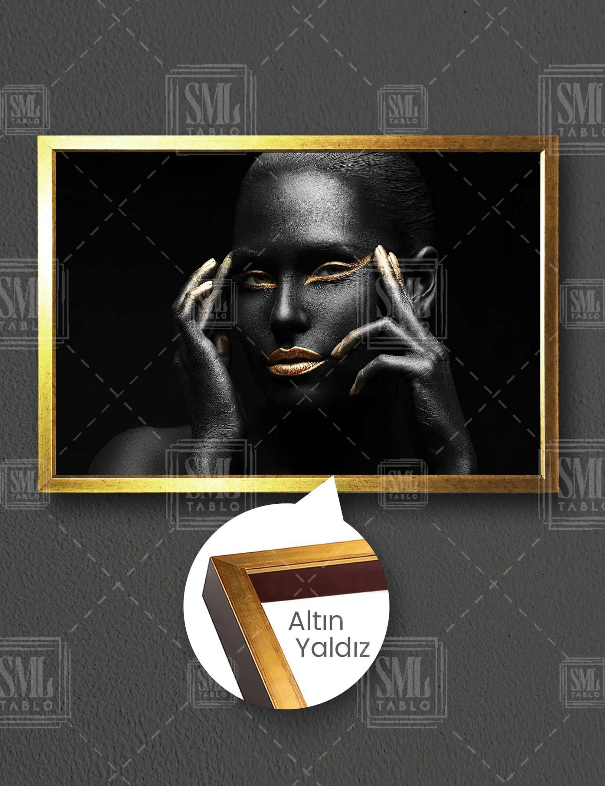 Gold Eyeliner Ve Rujlu Siyah Vücut Boyalı Kadın Dekoratif Yatay Çerçeveli Kanvas Tablo