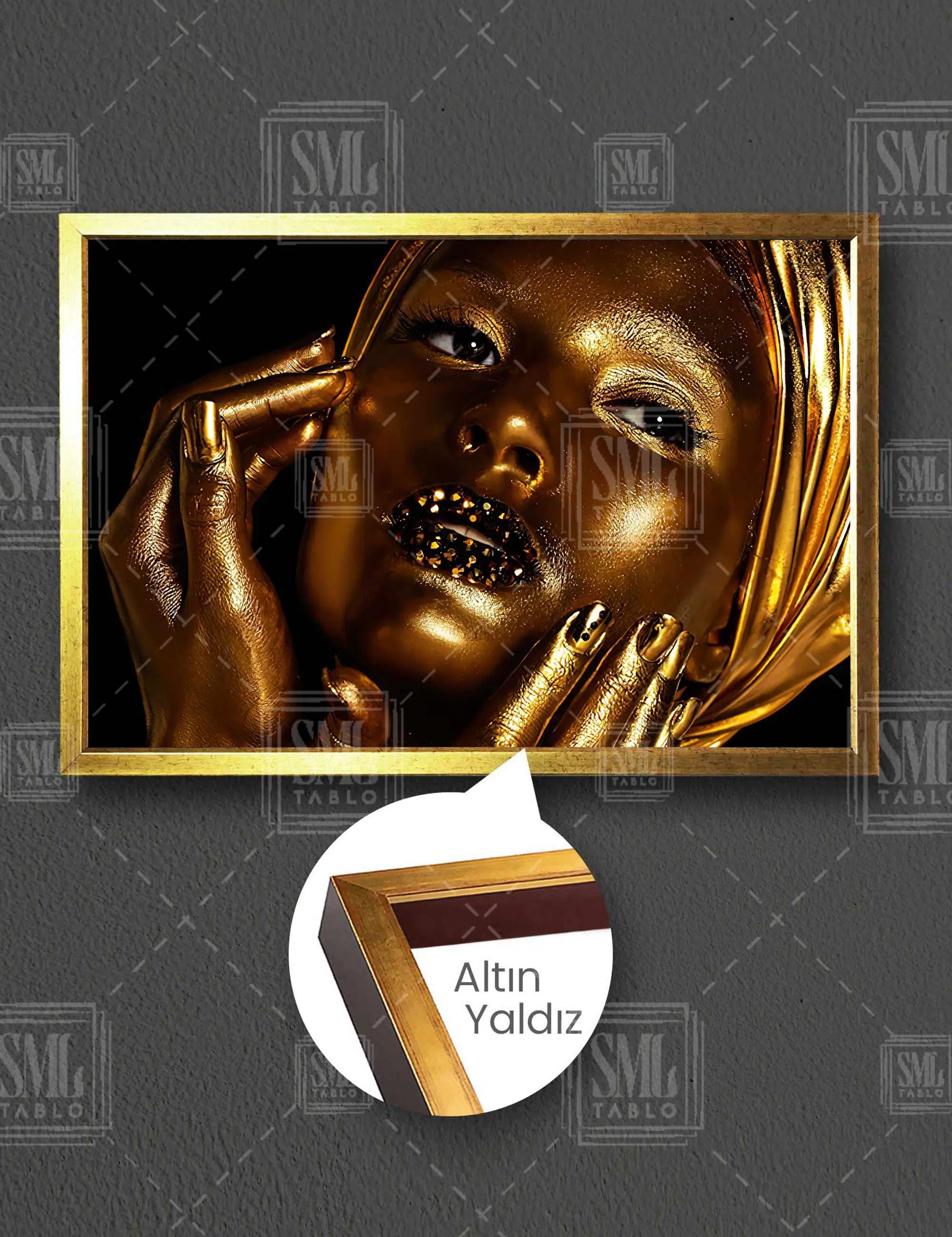 Gold Makyajlı Dudakları Pırıltılı Manken Make Up Dekoratif Yatay Çerçeveli Kanvas Tablo