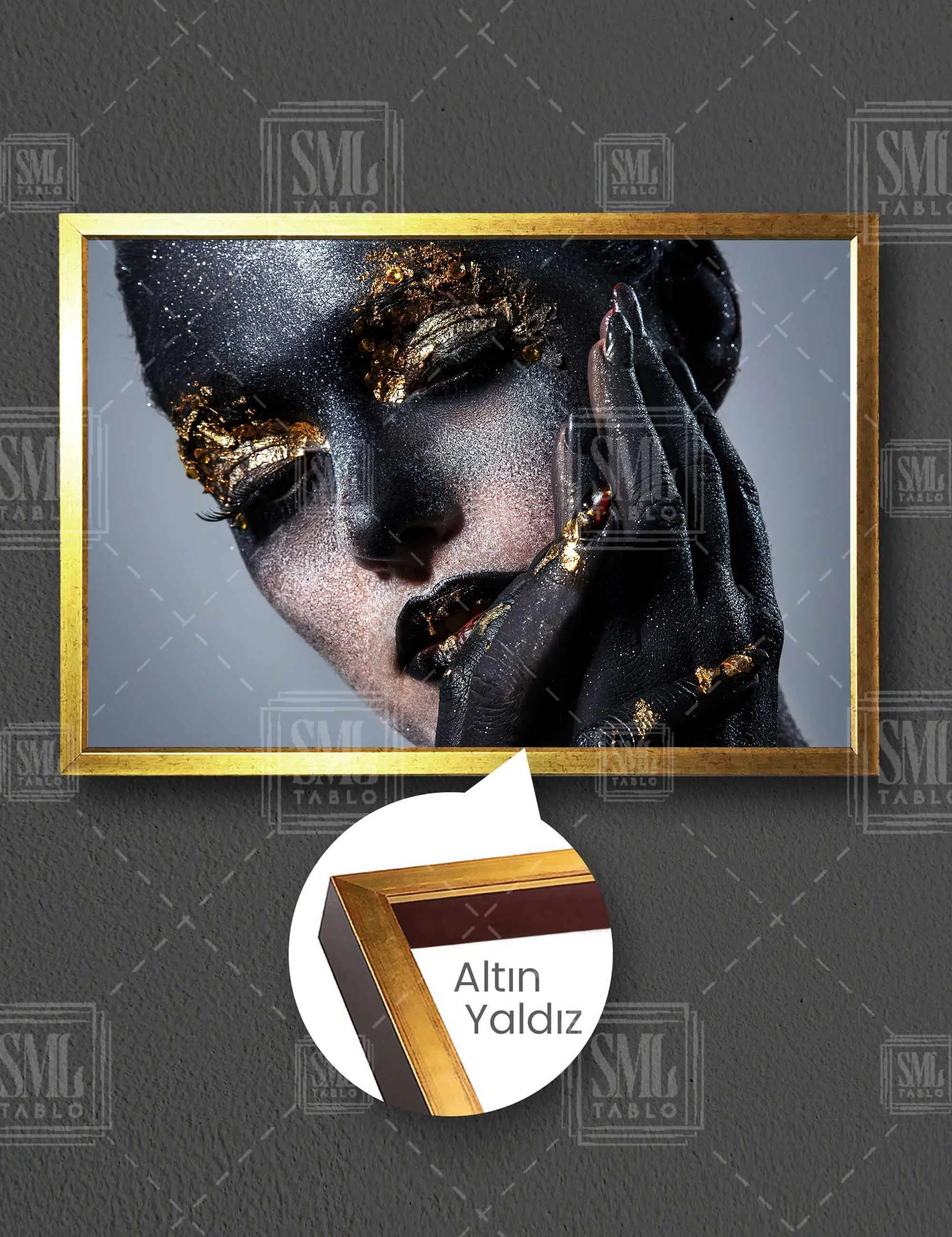 Gold Makyajlı Kadın Makyaj Sanatı Make Up Yatay Çerçeveli Kanvas Tablo