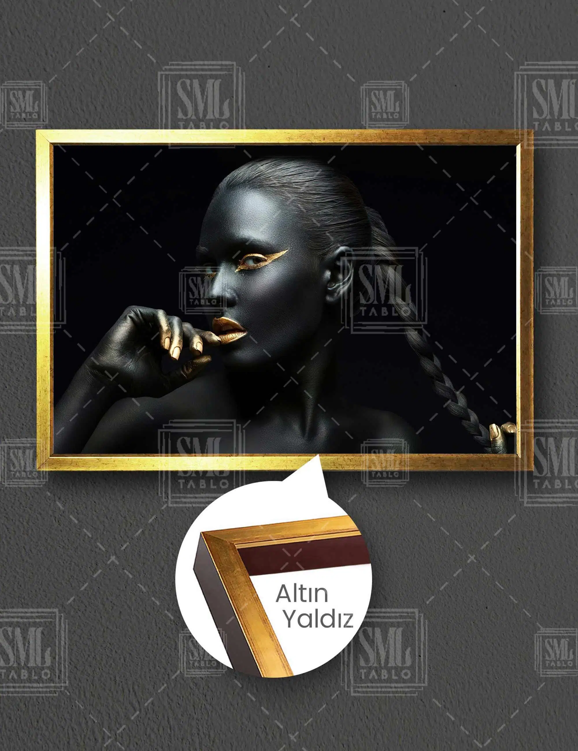 Gold Makyajlı Örgülü Saçlı Kadın Make Up Dekoratif Yatay Çerçeveli Kanvas Tablo