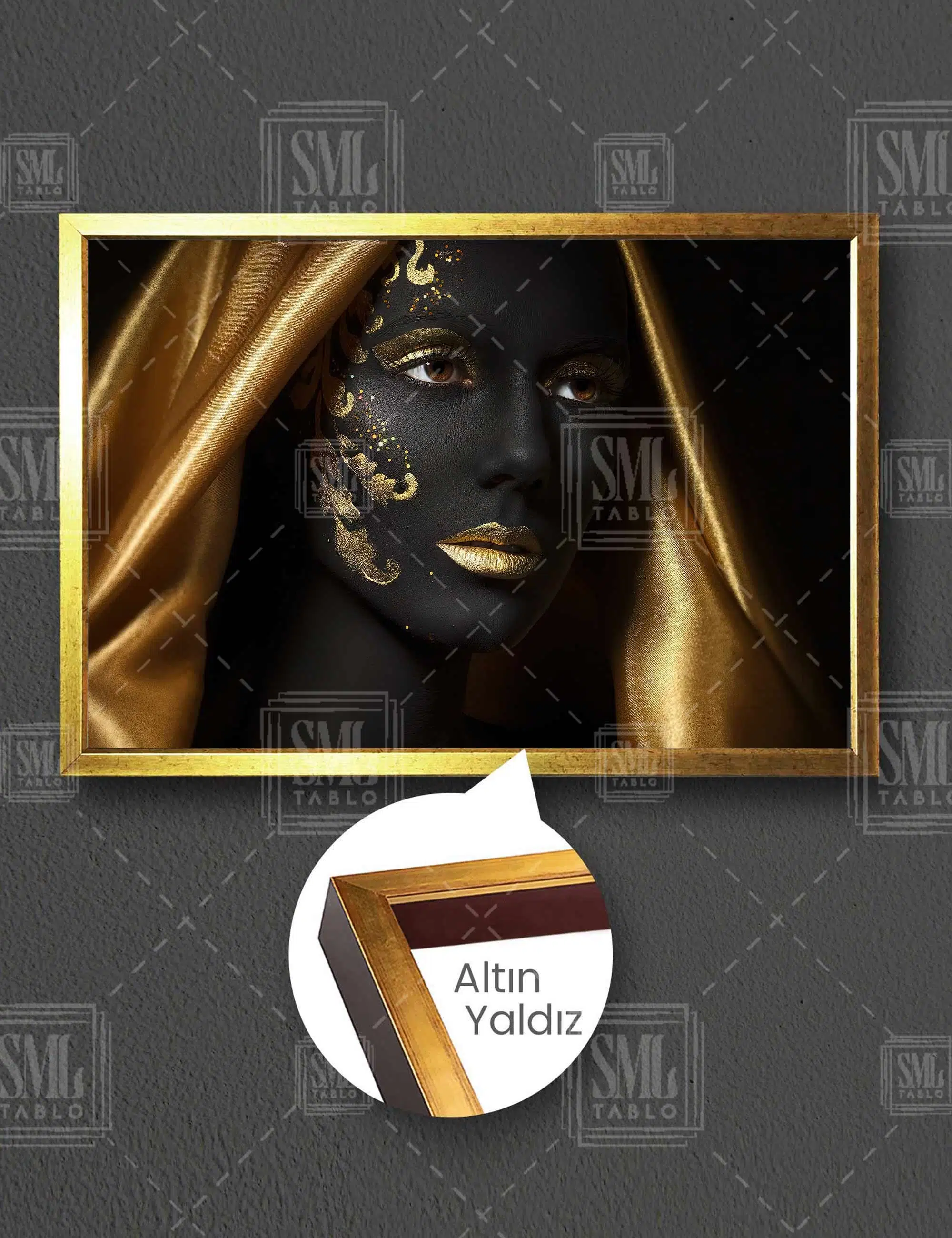 Gold Makyajlı Ve Altın Sarısı Eşarplı Yüzünde Art Deko Desenli Kadın Yatay Çerçeveli Kanvas Tablo