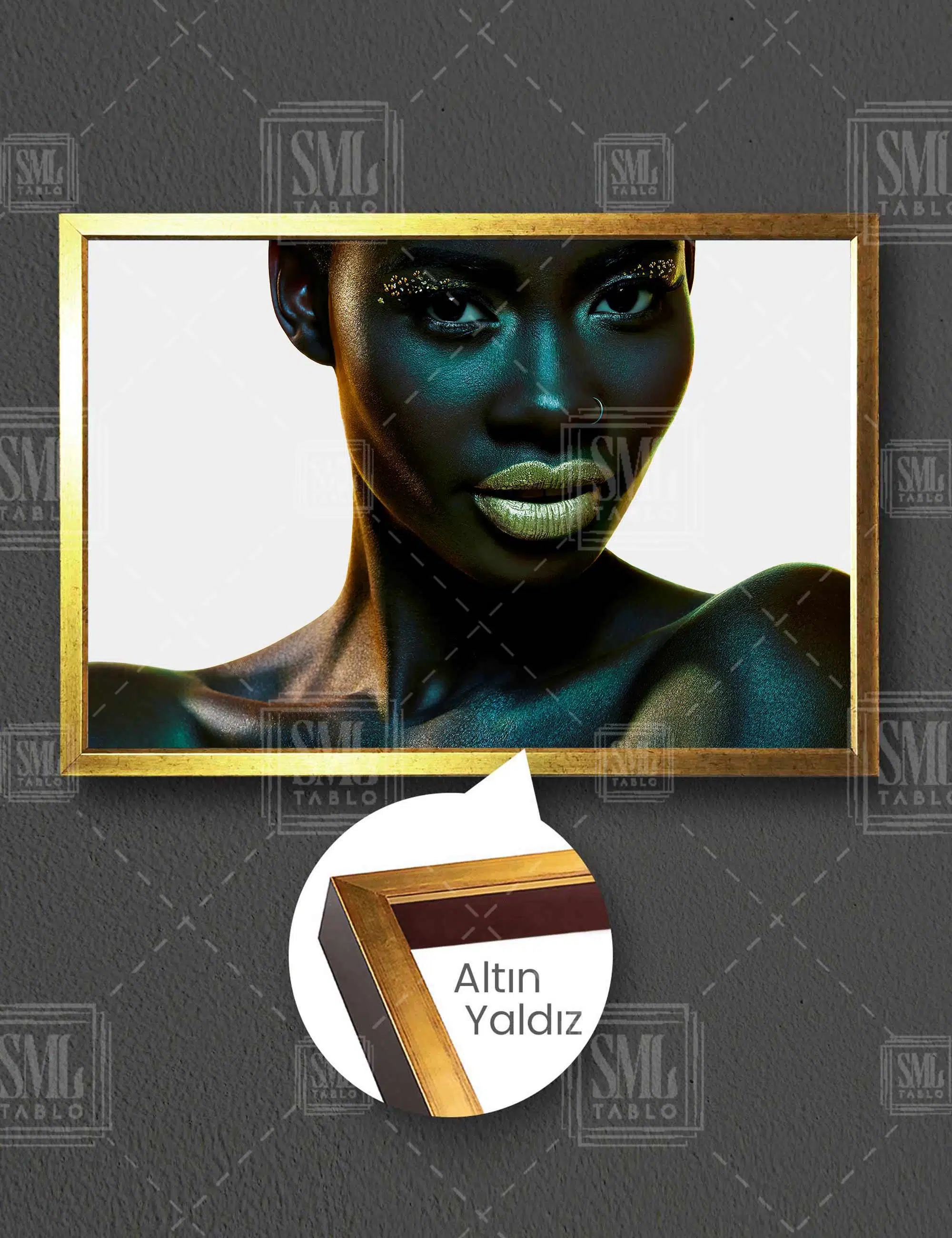 Gold Rujlu Ve Pırıltılı Göz Makyajlı Manken Make Up Kuaför Yatay Çerçeveli Kanvas Tablo