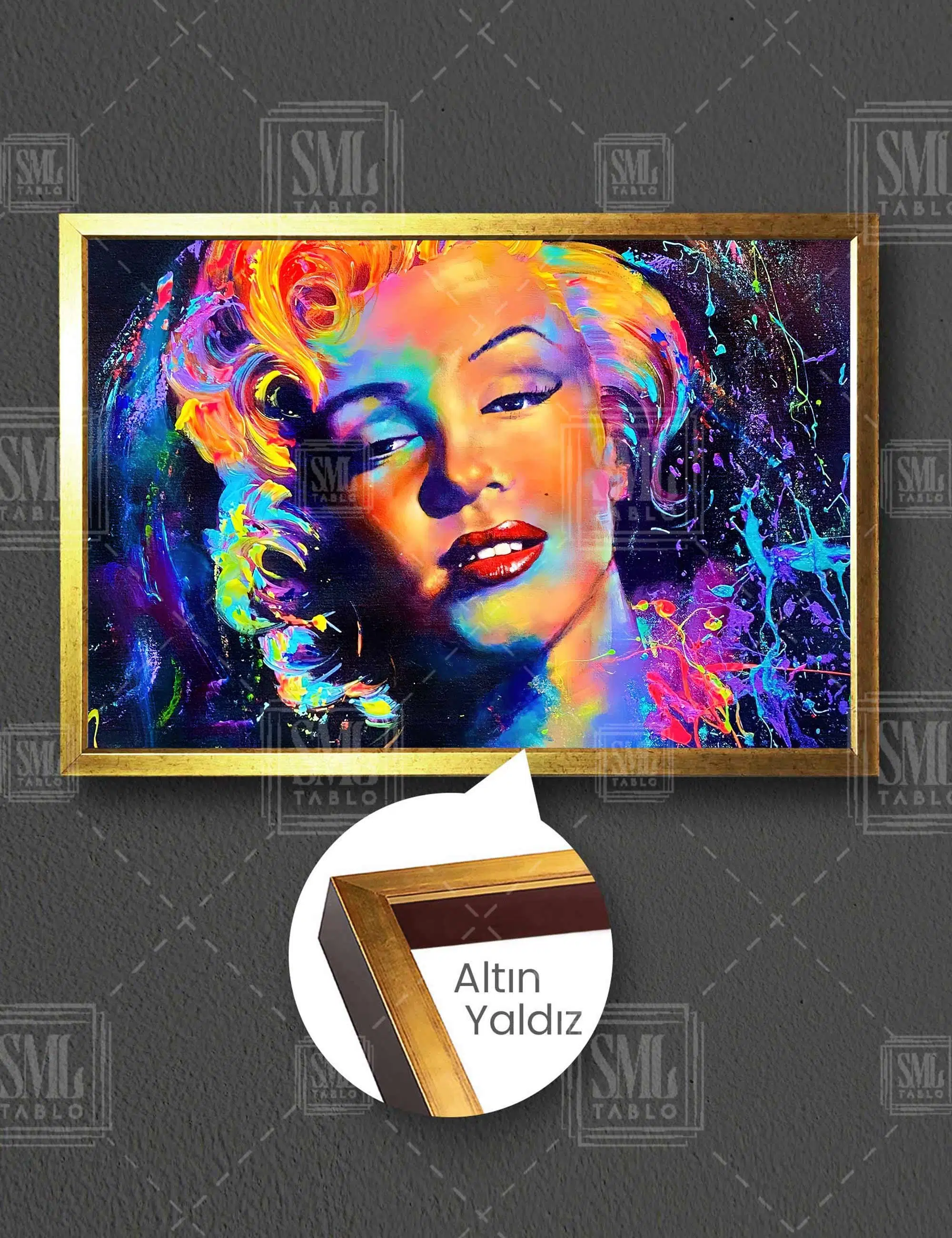 Grafiti Sanatı Marliyn Monroe Fırça İzleri Neon Renkli Portre Yatay Çerçeveli Kanvas Tablo