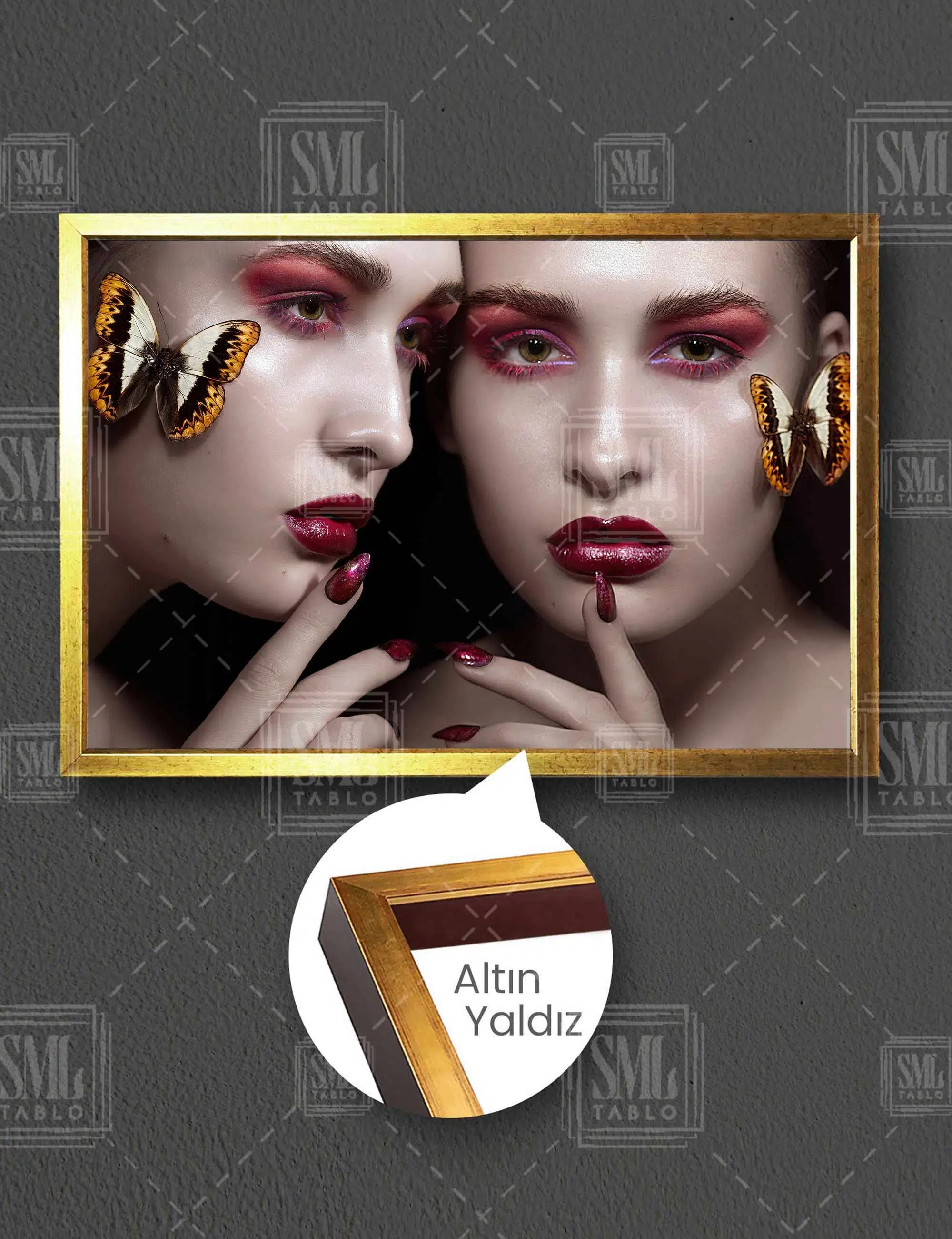 Kırmızı Ve Pembe Makyajlı Yüzünde Kelebek Olan Kadın Make Up Güzellik Salonu Yatay Çerçeveli Kanvas Tablo