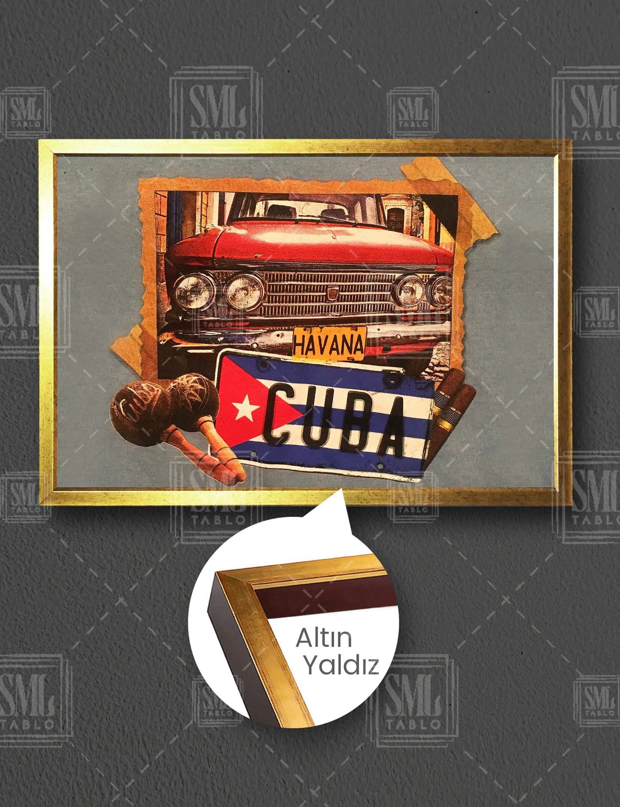 Küba Plakası Kırmızı Nostaljik Araba Havana Müzik Aleti Yatay Çerçeveli Kanvas Tablo