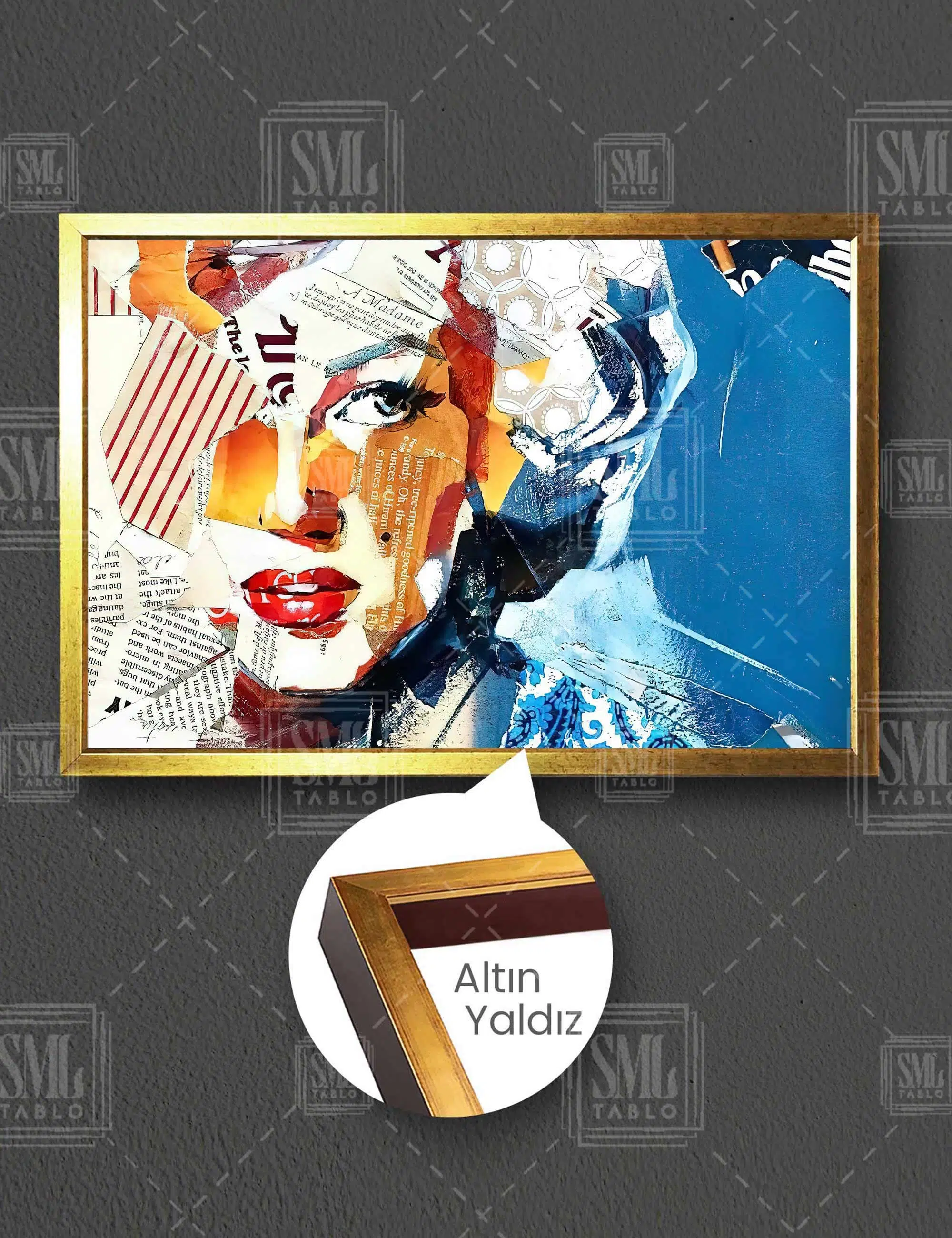 Marliyn Monroe Çizimi Dergi Kolajı Karışık Teknik Sanat Tasarım Yatay Çerçeveli Kanvas Tablo