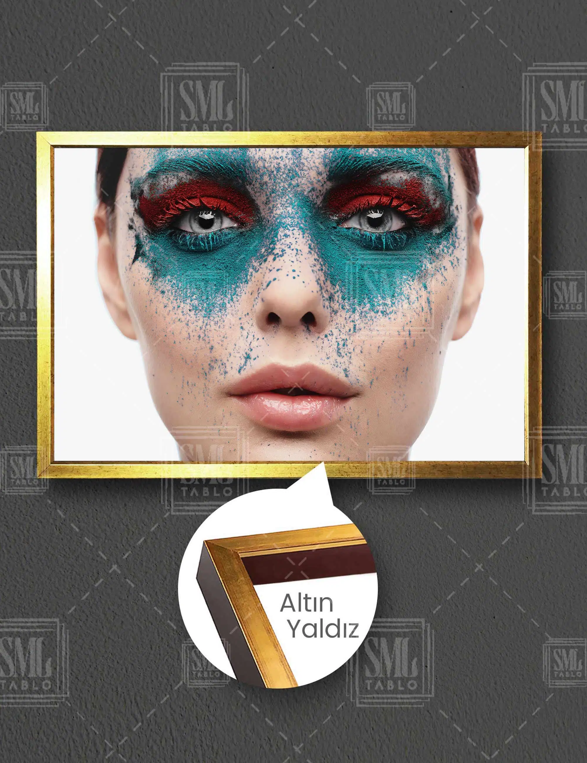 Mavi Ve Kırmızı Toz Göz Makyajlı Kadın Make Up Güzellik Salonu Yatay Çerçeveli Kanvas Tablo