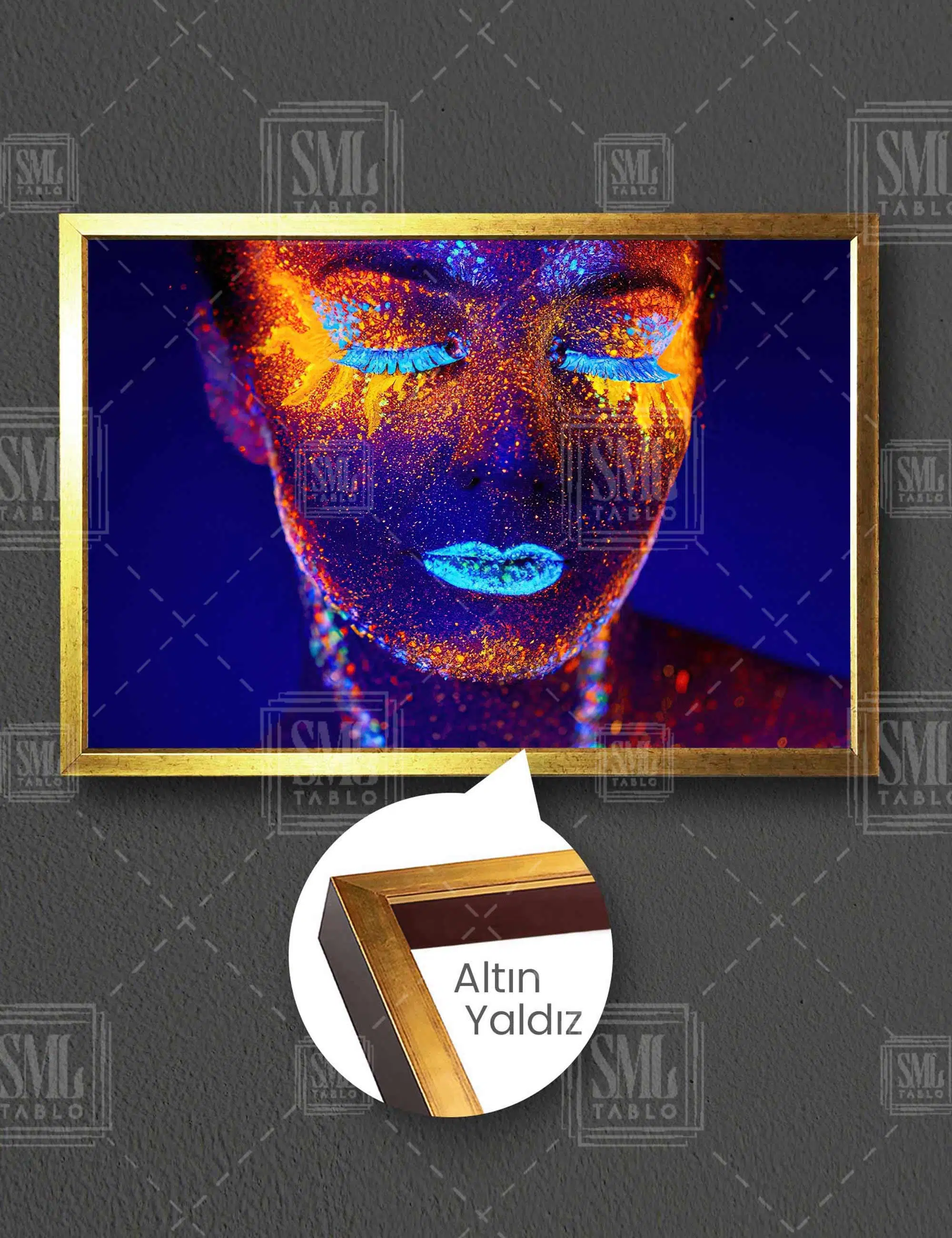 Neon Mavi Ve Turuncu Makyajlı Kadın Makyaj Sanatı Make Up Yatay Çerçeveli Kanvas Tablo