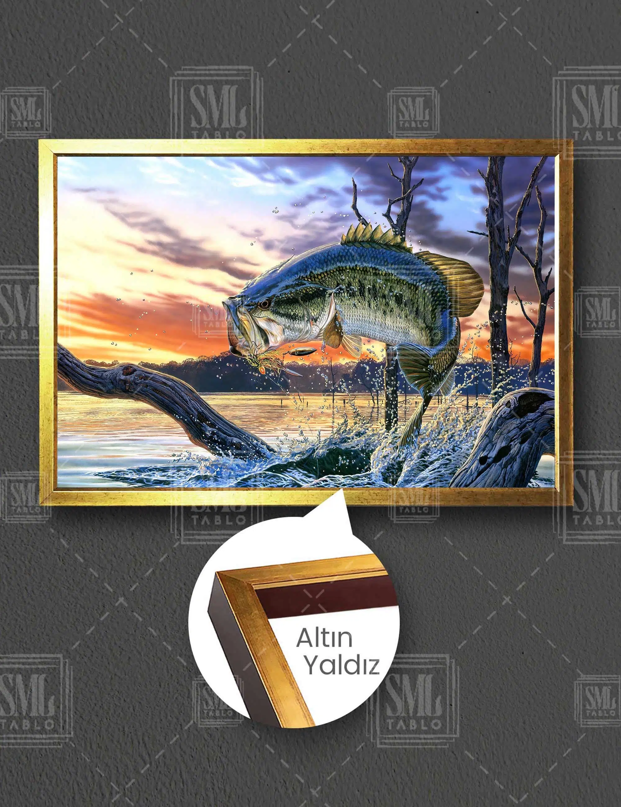 Oltaya Takılan Büyük Balık Göl Hobi Balıkçılık Sualtı Yatay Çerçeveli Kanvas Tablo