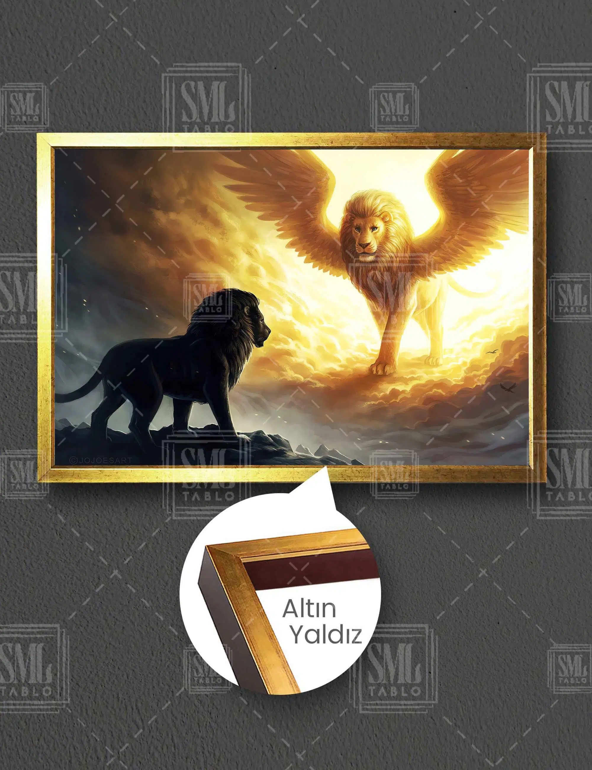 Ormanlar Kralı Aslan Ve Kanatlı Gold Aslan Dijital Çizim Yatay Çerçeveli Kanvas Tablo