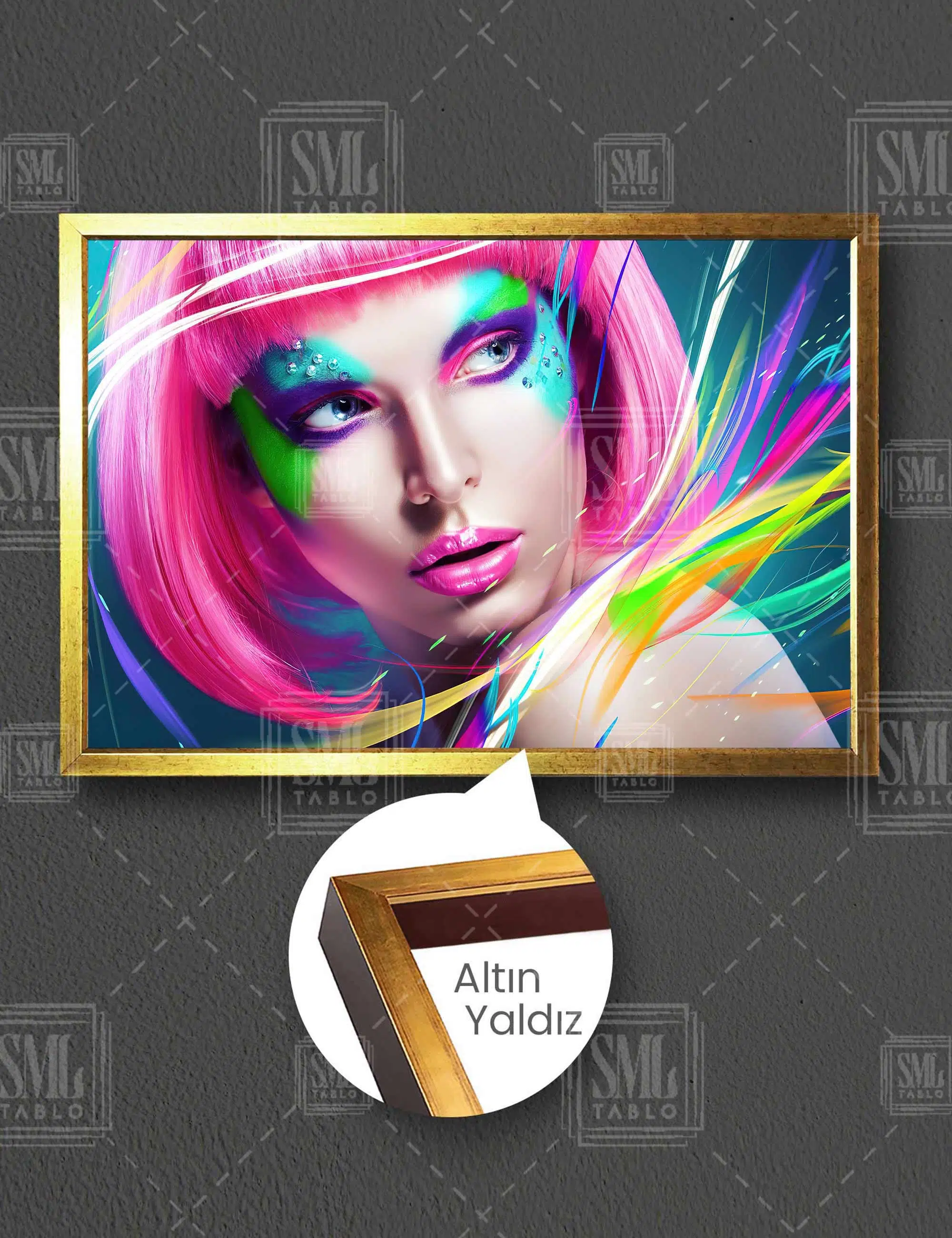 Pembe Saçlı Neon Makyajlı Kadın Neon Make Up Kuaför Dekorasyon Yatay Çerçeveli Kanvas Tablo
